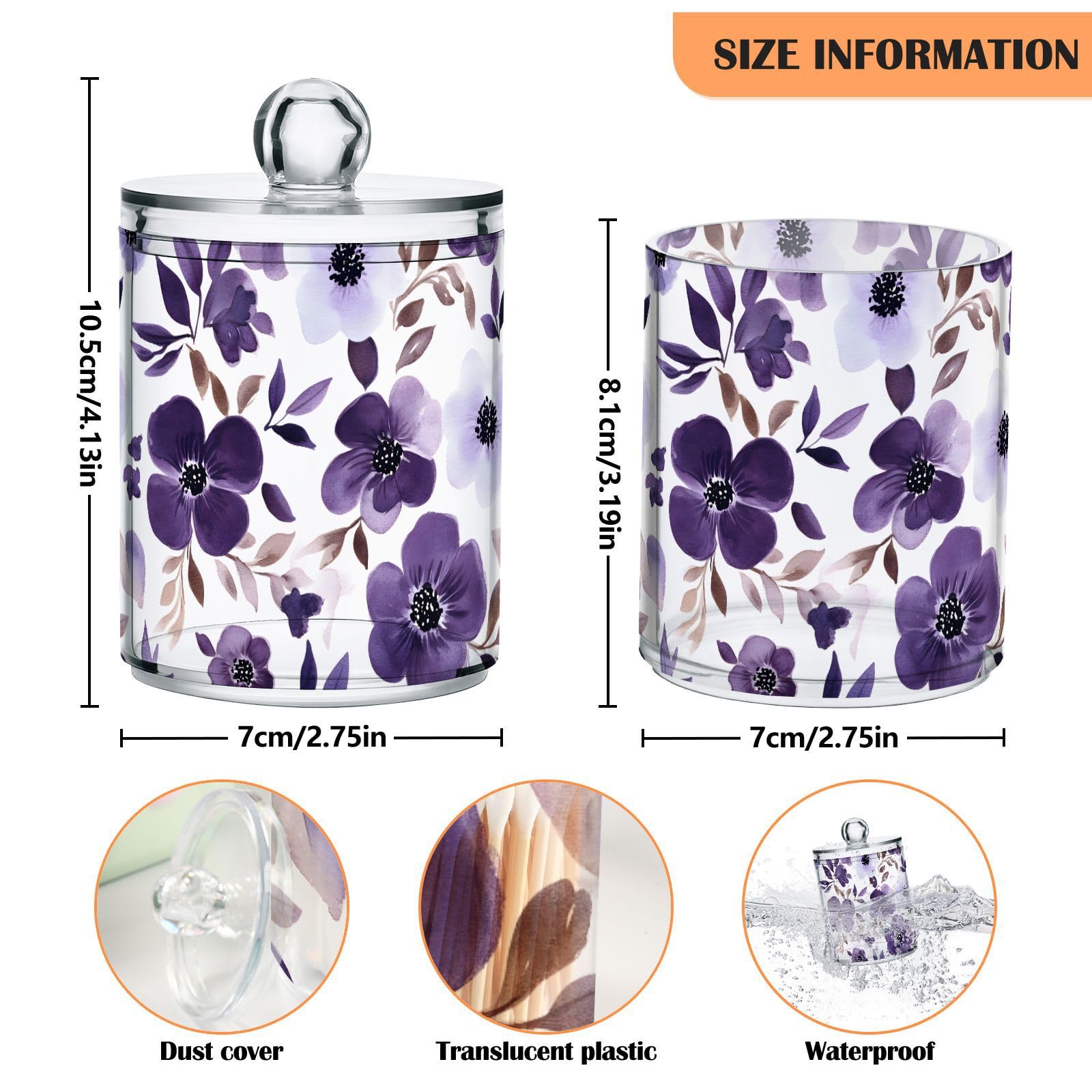YMGQYJ 2 Pack Purple Florals Qtip Cotton Ball Holders Dispenser with Lid, Plastic Jars Bathroom Canisters Storage Organizer