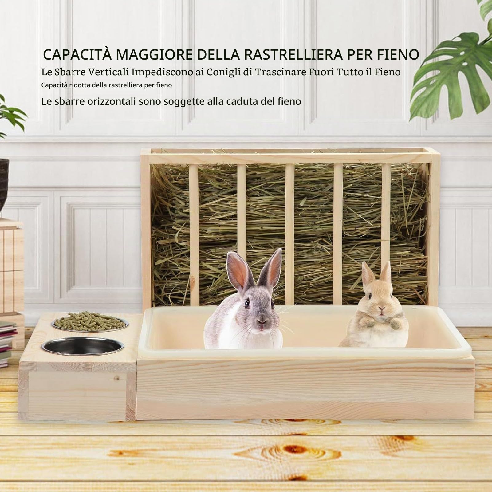 Mangiatoia per Fieno per Conigli 3 in 1 con Lettiera, 2 Ciotole in Acciaio Inossidabile a Prova di Pasticcio in Legno per Porcellini D'India, cincillà, Criceti, Conigli Nani,