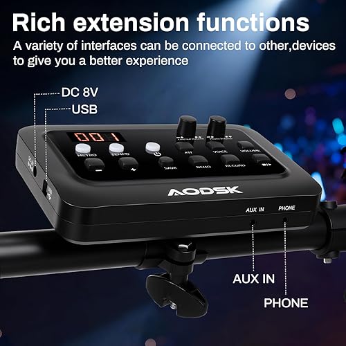 Vista 13 de AODSK Juego de batería eléctrica para adultos, batería profesional con 400 sonidos, USB MIDI, juego de batería de malla silenciosa con pedales