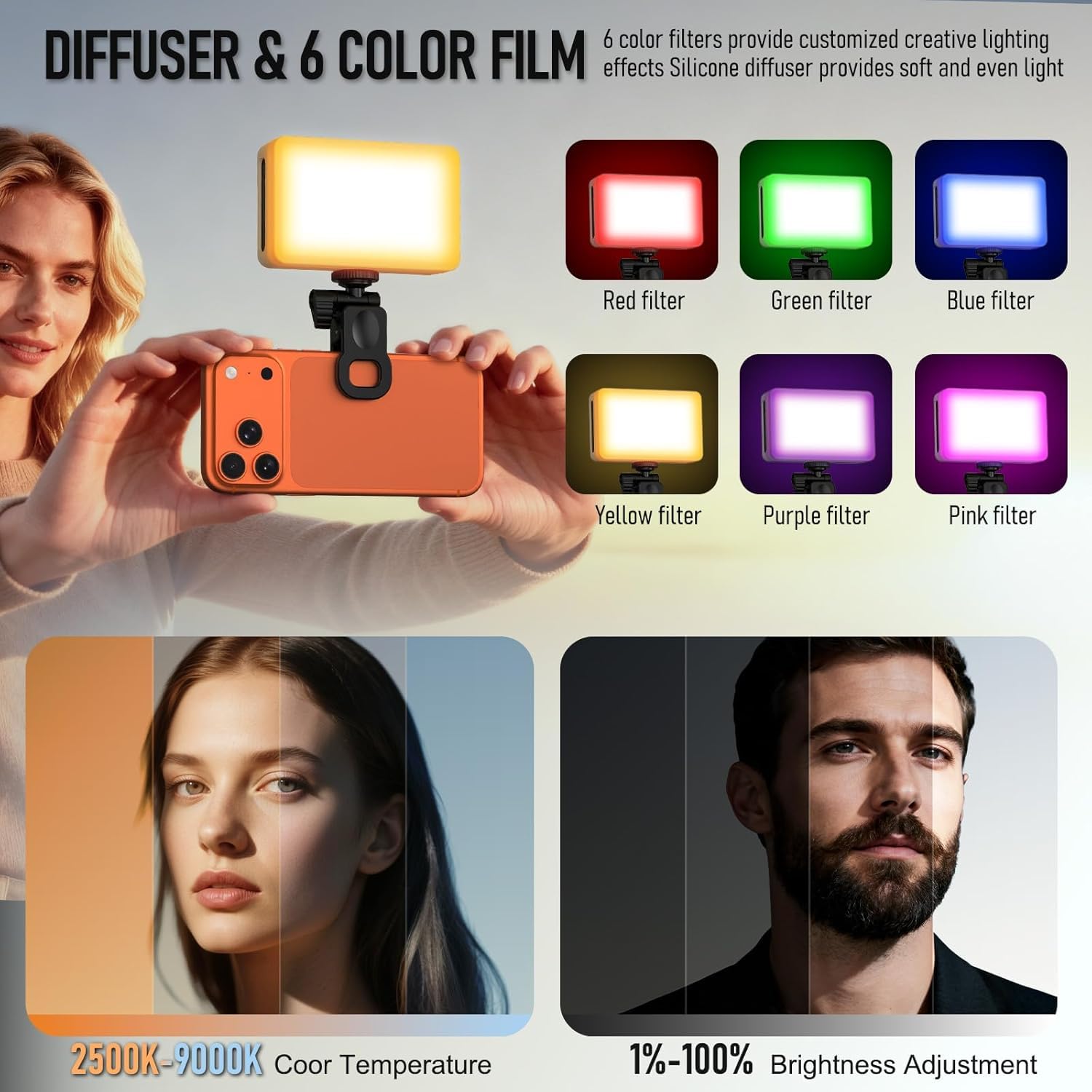 Selfie Licht Handy 120 LED 2500-9000K CRI 95+ 3000mAh mit Farbfilter | Professionelles Videolicht fotografische Lampe Dimmbares Videoleuchte Silikonhülle für Telefon Laptop Kamera