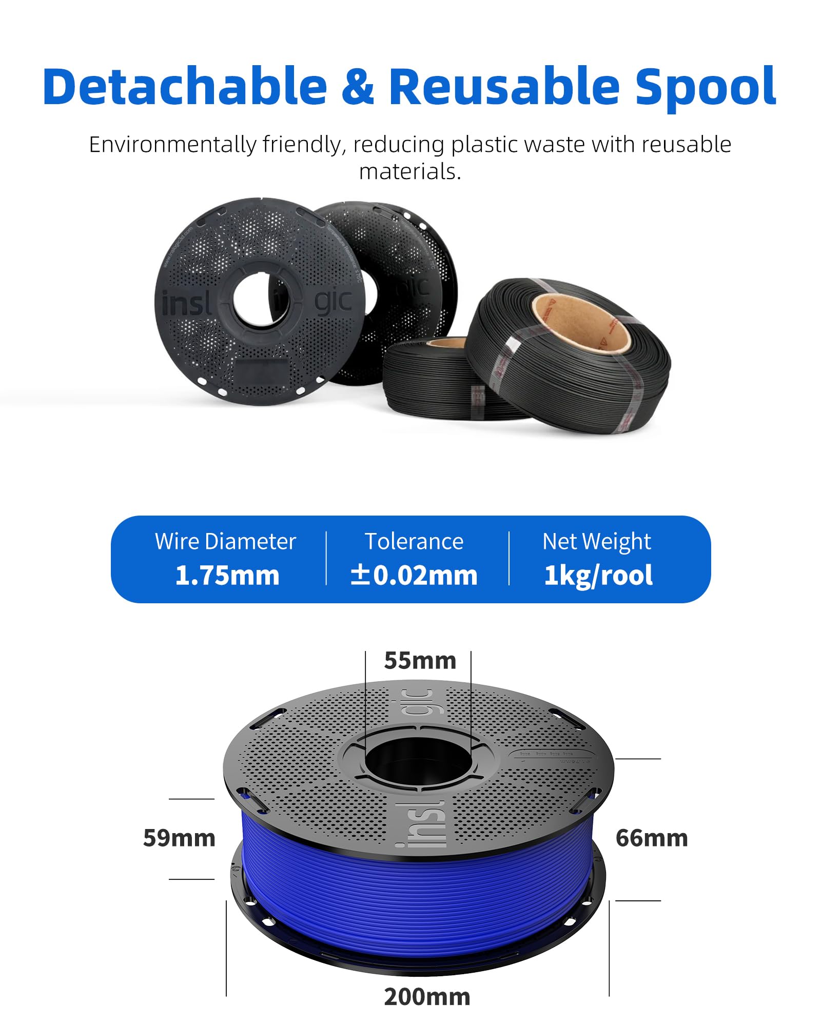 Inslogic Matte PLA Filament 1.75mm 3D Druckfilament, 5kg Bundle Mattes PLA Nachfüllpack, Maßhaltigkeit +/-0.02mm, Kompatibel mit den meisten FDM 3D Drucker (Schwarz+Weiß+Grau+Rot+Blau)
