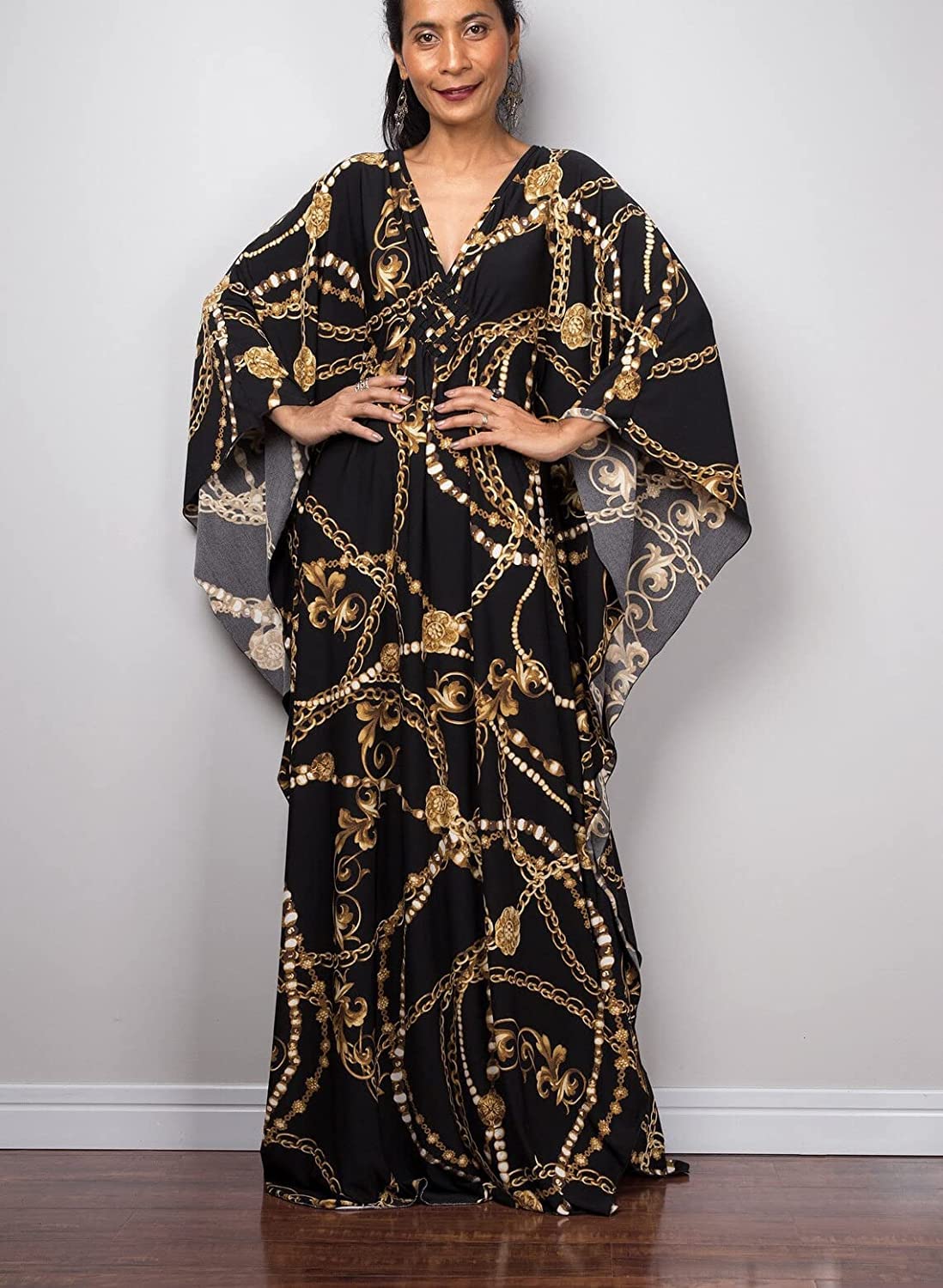 Venasha Damska sukienka kaftan z krótkim rękawem, kostium kąpielowy na lato, C-31, czarny łańcuszek, XL, C-31 czarny łańcuszek, XL