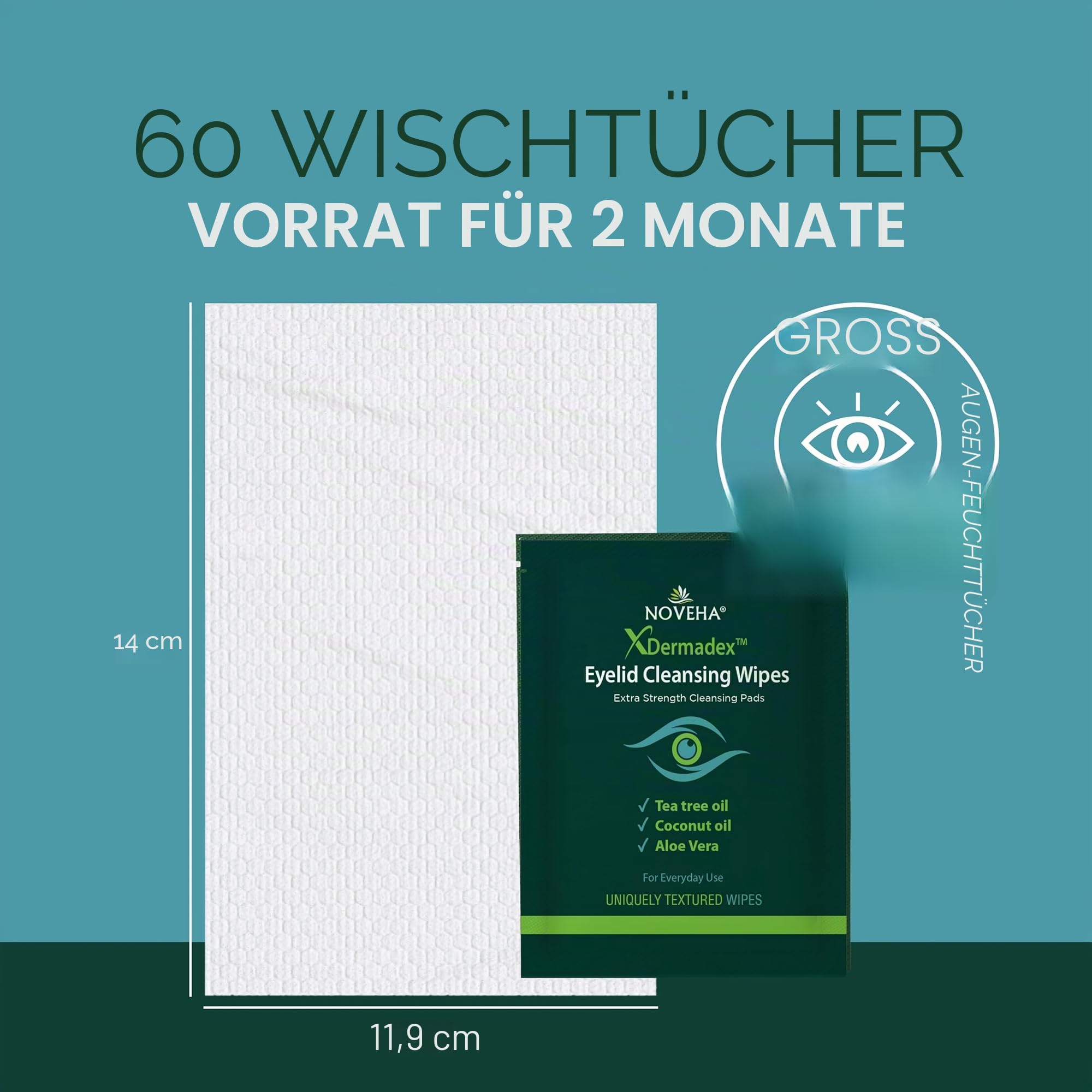 NOVEHA - Demodex Reinigungstücher für Augenlider und Wimpern | 60 Stück extra starke Wimpern-Reinigungstücher einzeln verpackt