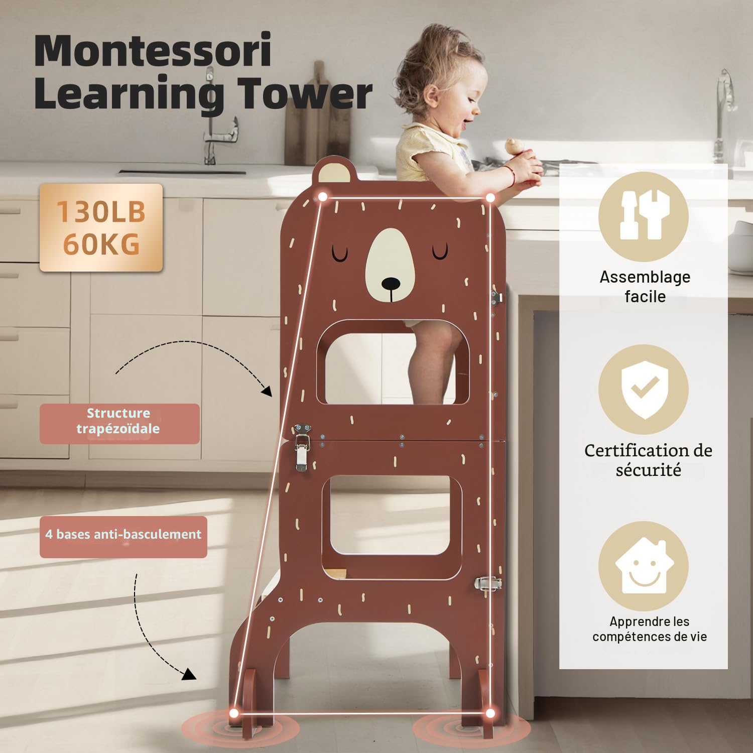Labebe Tour d Observation Enfant, Grande Taille Tour d'observation Montessori 1-3 Ans,Tour Montessori multifonctionnelle 3 en 1 - l'ours Brun