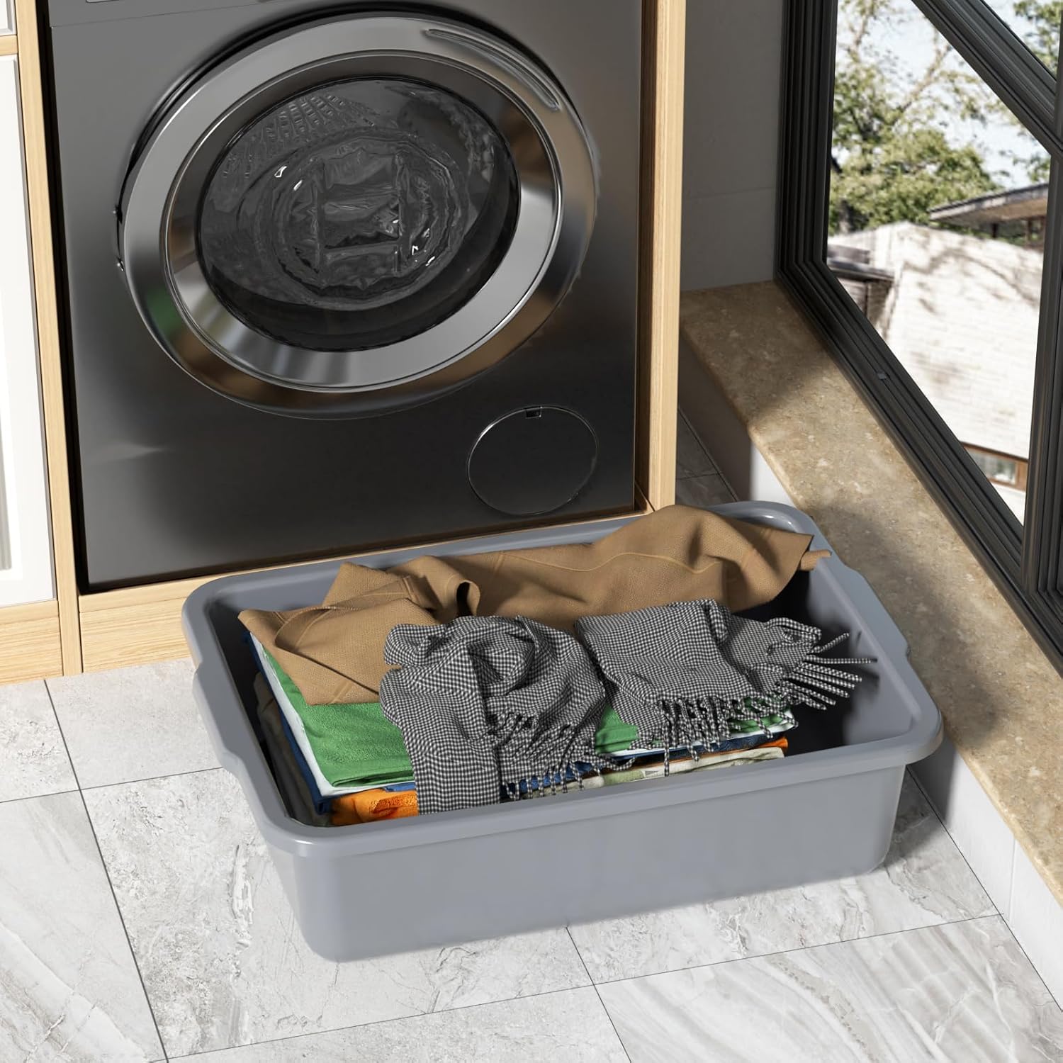 6-Pack 24 L Commercial Bus Tub, Plastic Bus Box, Gray