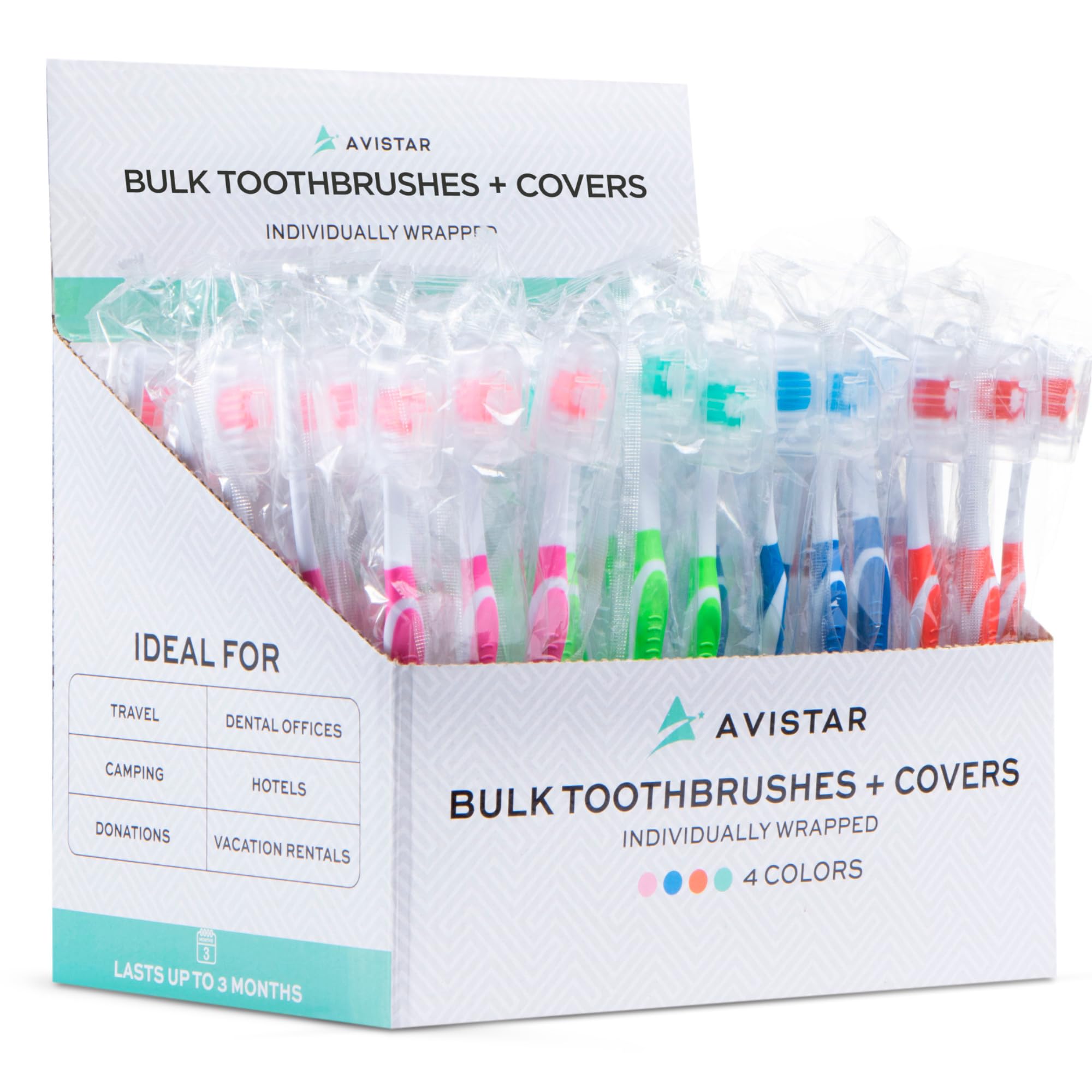 Photo 1 of 104 Pack Bulk Toothbrushes w/Cover Caps, Individually Wrapped Disposable Travel Toothbrush, Value Size, Long Lasting 3+ Months, Med-Soft Manual Teeth Brush Bristles, 4 Colors (Red Green Blue Pink) 104 Pack Mix