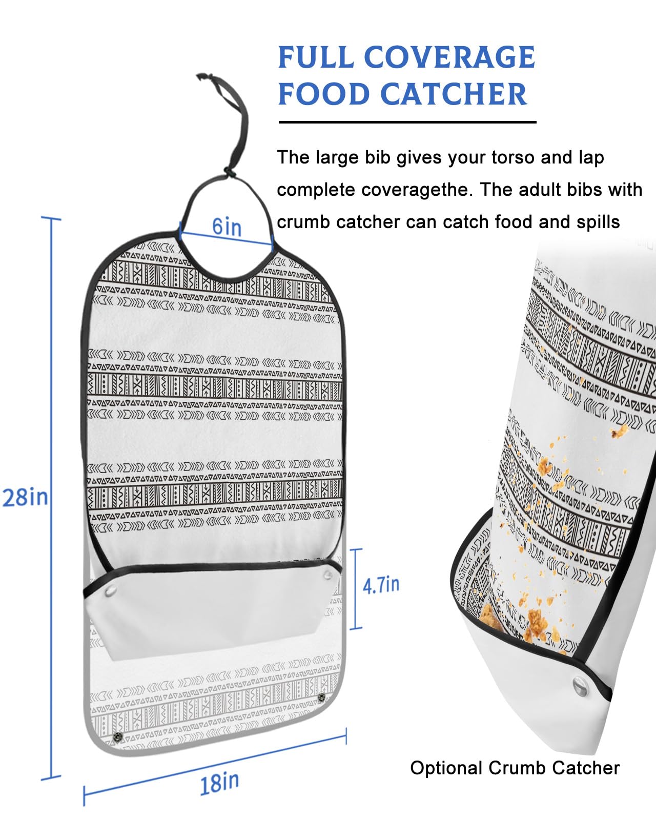 Kewadony Adult Bibs for Elderly Women - Boho Ethnic Tribe Waterproof Dining Clothing Protectors with Crumb Catcher for Eating/Feeding, Geometric Black and White Terry Cloth Bib Machine Washable