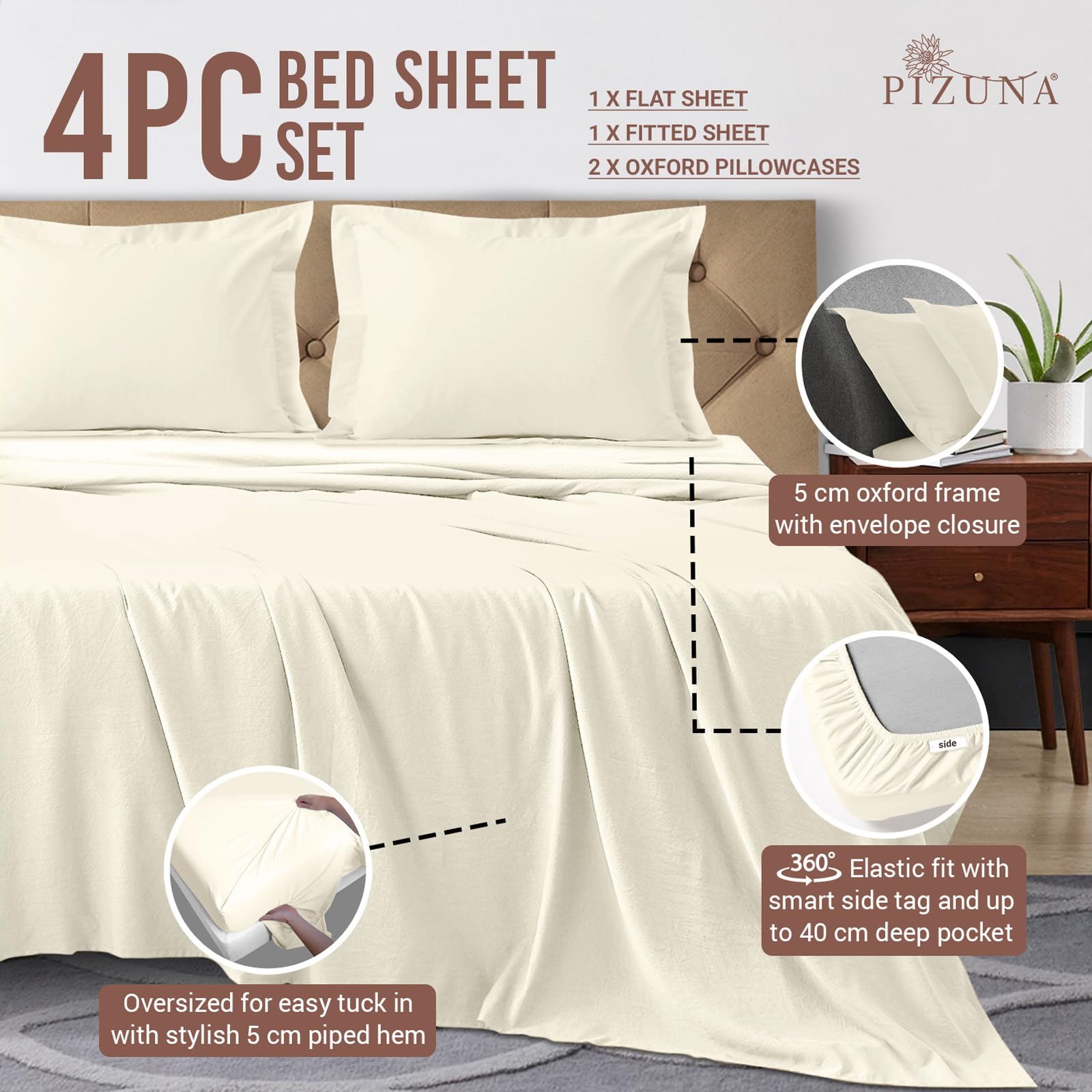 Pizuna Pure 100% Cotton Queen Size Bed Sheet Set New Ivory,400 Thread Count Cozy Luxury Long Staple Cotton Sateen Weave Bedsheets Set (1 Flat Sheet - Image 3