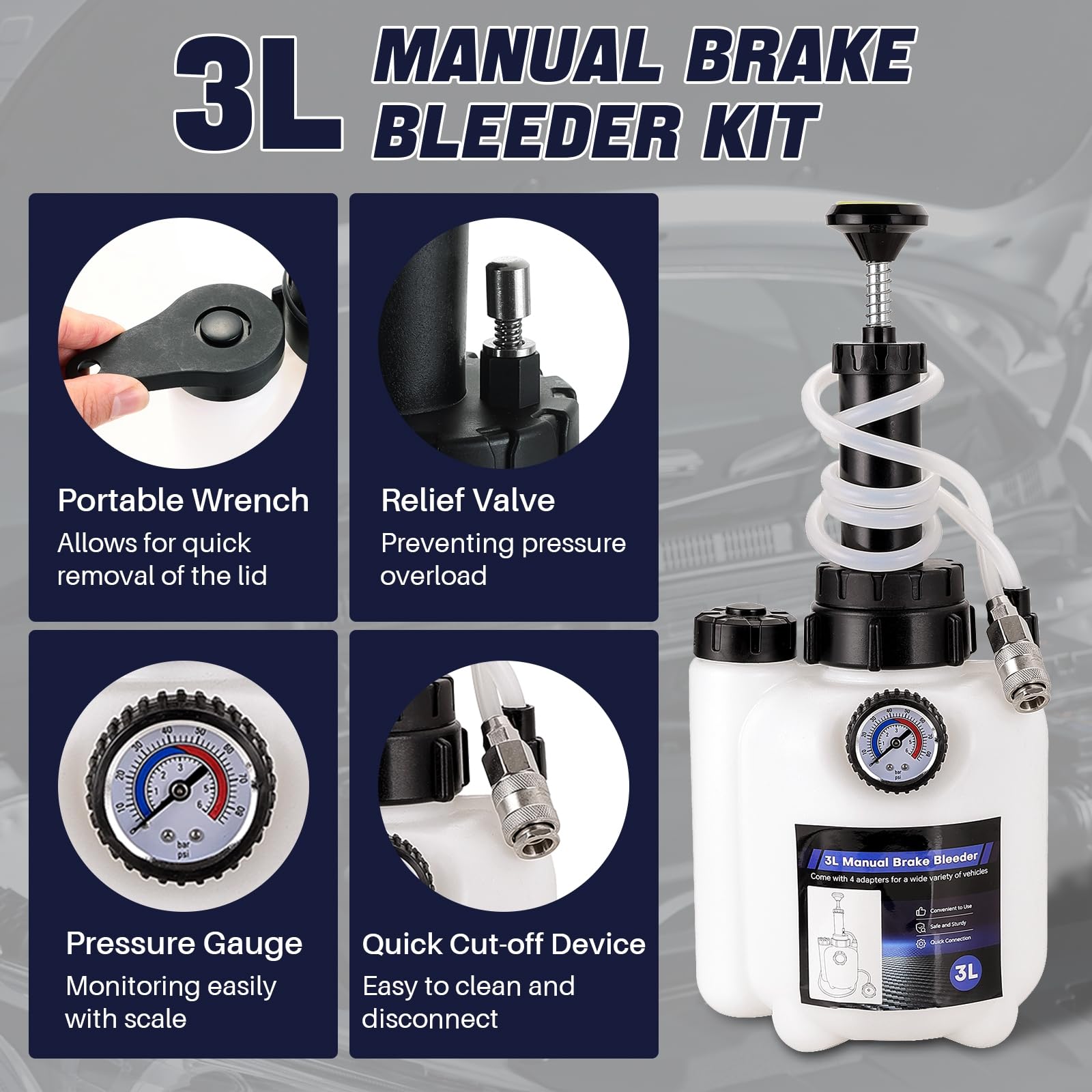 DASBET Kit spurgo freni manuale da 3 l, pompa professionale per lo spurgo dei freni con bottiglia da 1 l e 4 adattatori per cilindro principale, ideale per la manutenzione di freni e frizione sulla