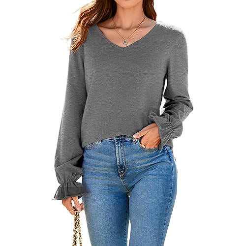 SUEANI Women's Casual Lightweight V Neck Lantern Sleeve Knit Sweater Loose Side Slit Pullover Tops Blouses