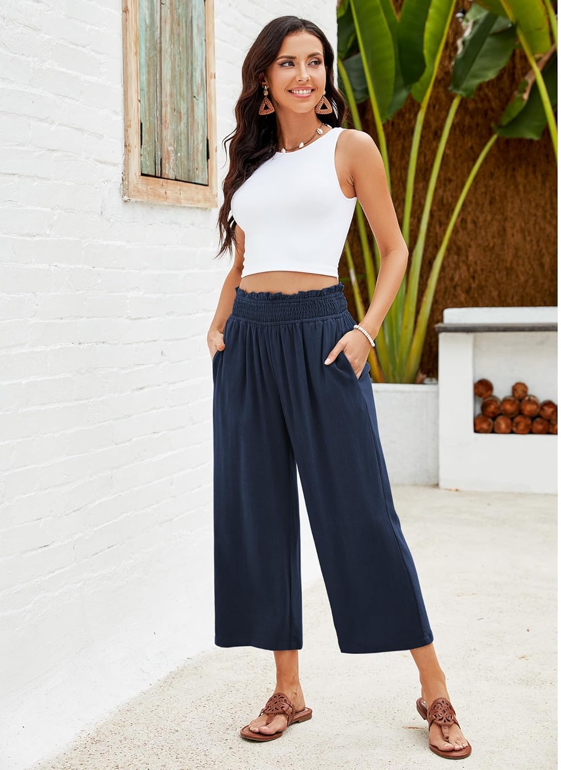 GRAPENT Wide Leg Trousers Flowy Beach Pants Summer Casual Lounge Pants with Pockets Women High Waisted Linen Trousers Navy Blue 3X-Large Size 24-26 - Image 5