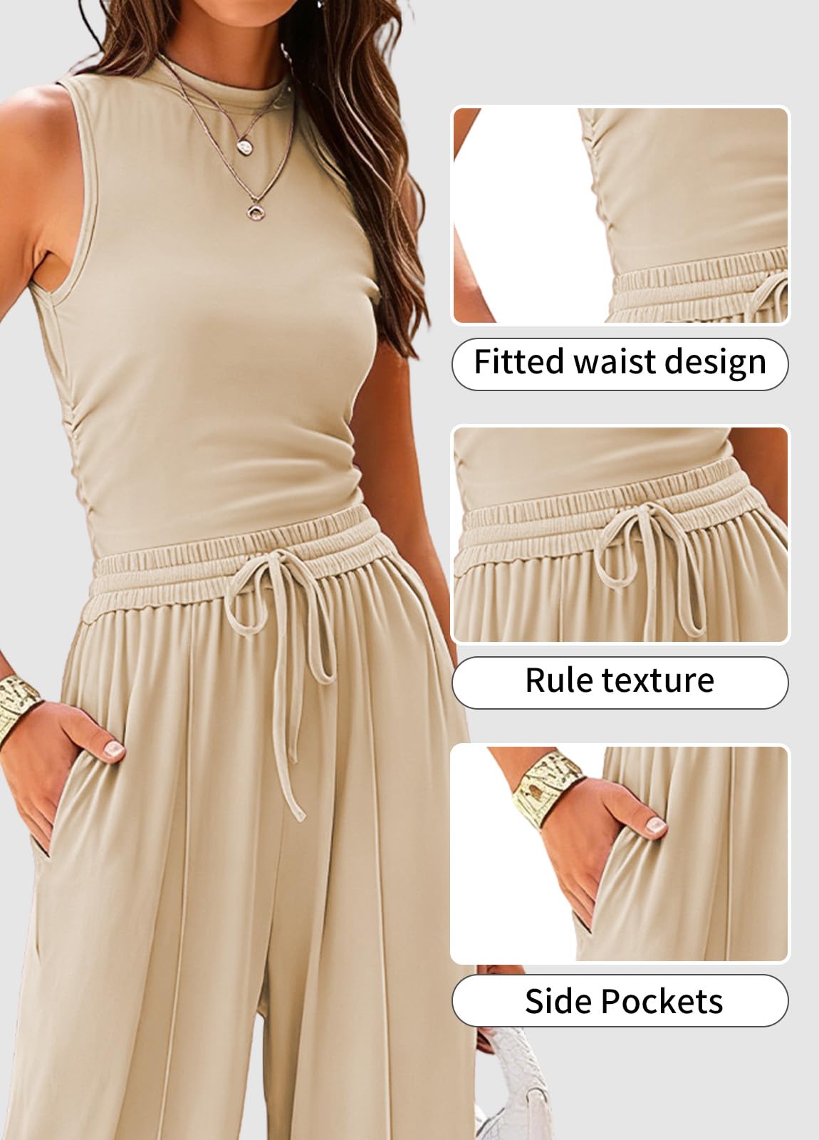 Rayson Zweiteiler Sommer Damen Ärmelloses Oberteil und Weite Hose hoher Taille mit Taschen Damen Trainingsanzug Set mit Kordelzug Casual Eleganz