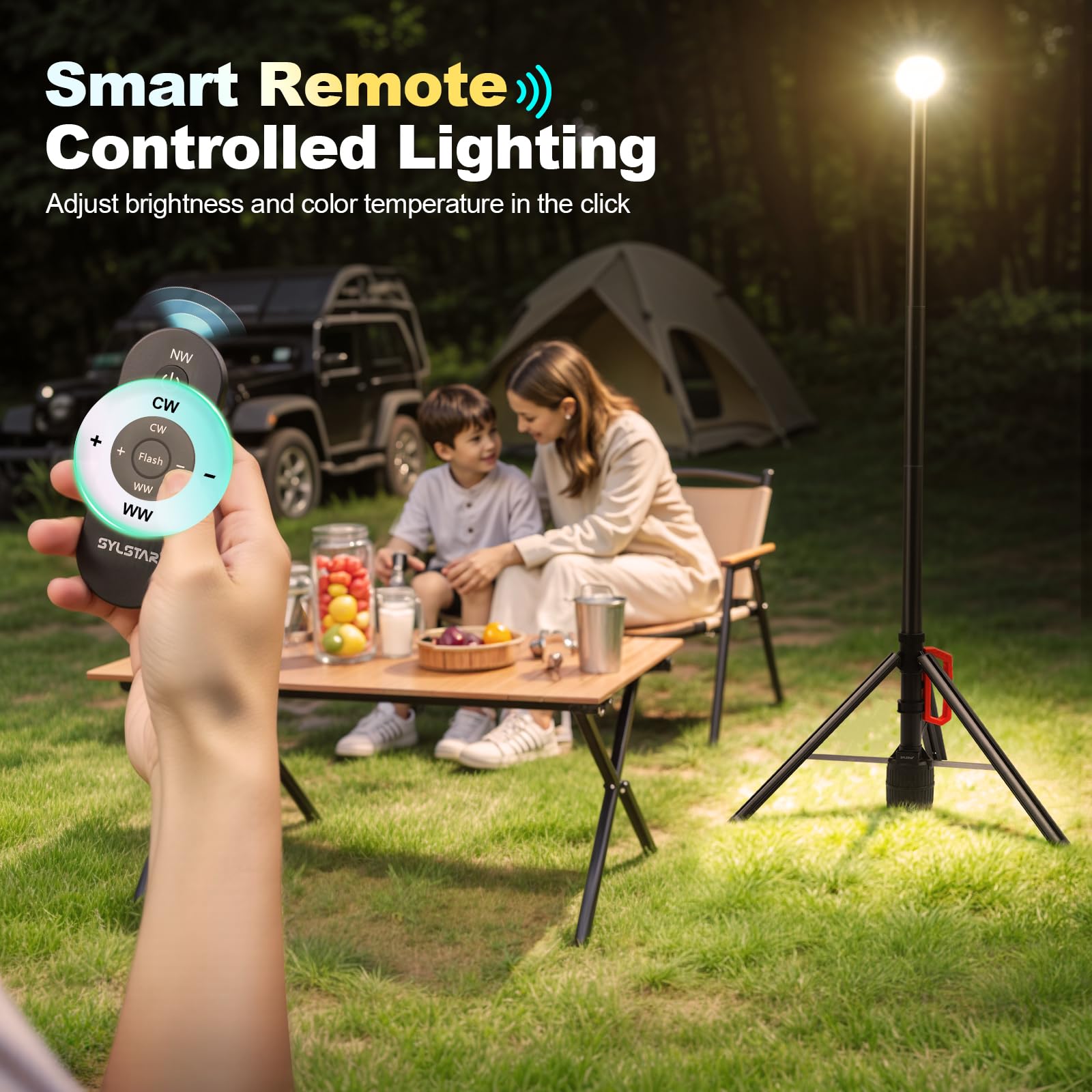 SYLSTAR Foco LED Recargable con Mando y Trípode Telescópico (2.65m), 3000LM Foco LED Bateria Ultrabrillante 3CCT Regulable, Portátil para Talleres, Camping, Deportes y Emergencias