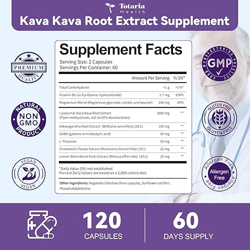 Miniatura 6 de Extracto de raíz de kava kava de 1000 mg con magnesio, 50% kavalactonas, L teanina, mezcla de hierbas Ashwagandha para un estado de ánimo