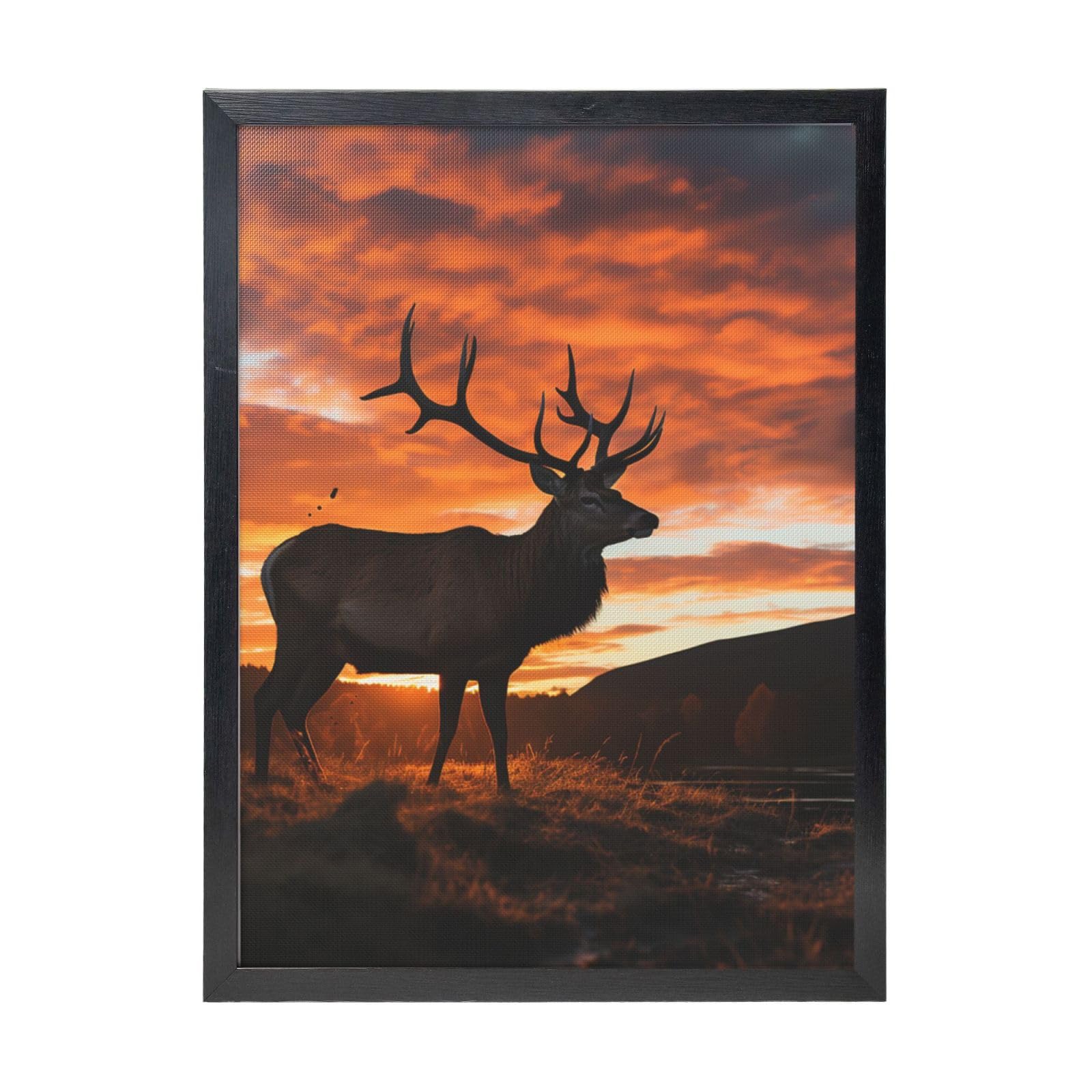 Framed Wall Art - Decorative Canvas Painting Red Deer Bull Elk Sunset Pictures Poster Aesthetic Modern Prints Artwork for Bedroom Office Wall Decor Ready To Hang 12x16 in
