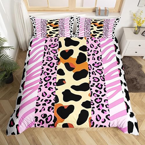 Miniatura 7 de Manfei Juego de funda de edredón de leopardo marrón, tamaño matrimonial, juego de ropa de cama de 3 piezas con purpurina rosa para decoración de