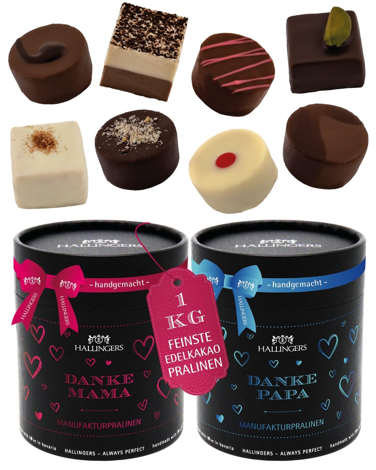 Hallingers Genuss Manufaktur Pralinen Muttertagsgeschenk - ohne Alkohol, handmade aus Edelkakao Doppelpack in wertiger Geschenkdose "Danke Mama & Da...", Geschenkidee für Mama Papa