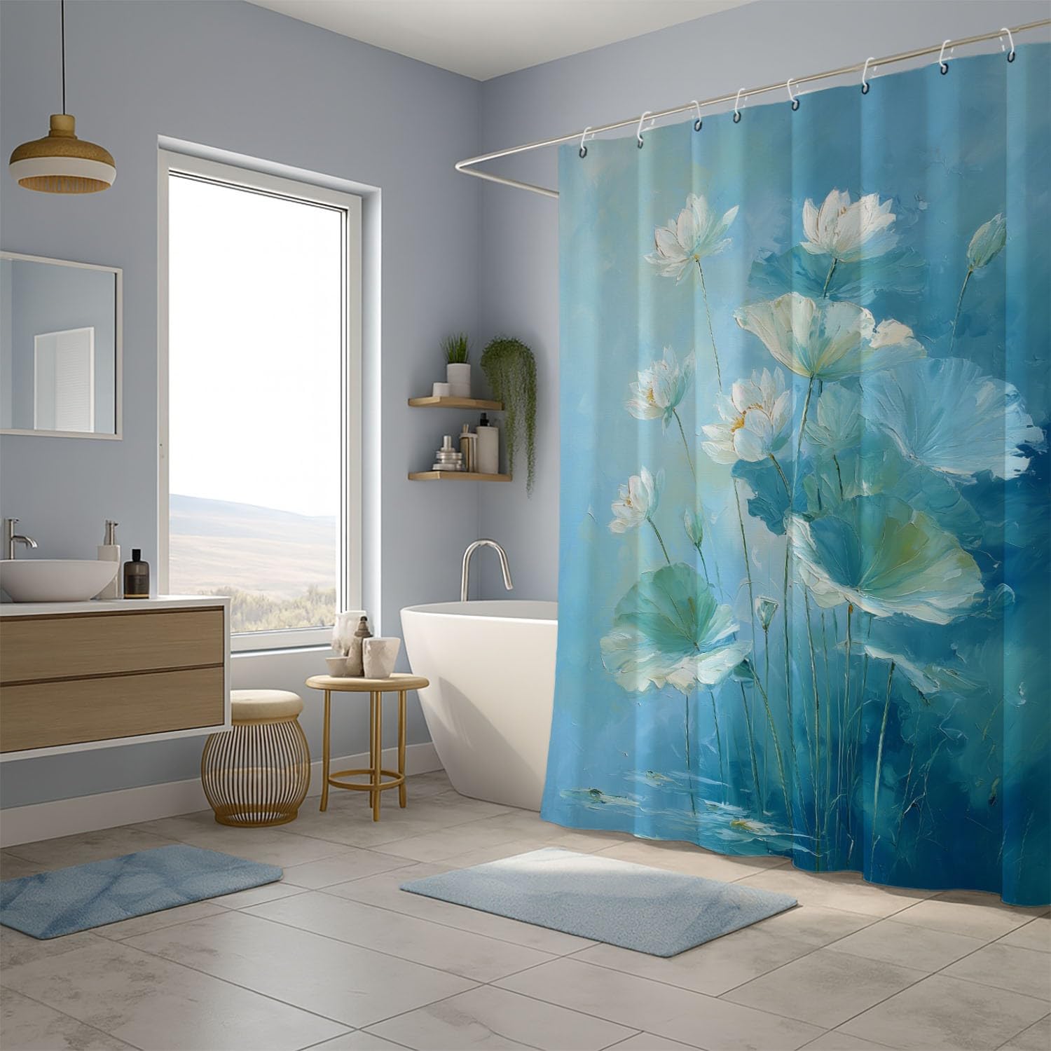 Genérico Zasłona prysznicowa 200 x 200 cm, 1 sztuka, miękka mikrofibra, wodoodporna i odporna na pleśń, zmywalna, do łazienki lub wanny, z oczkami i haczykami, niebieski, nowoczesny elegancki lotos