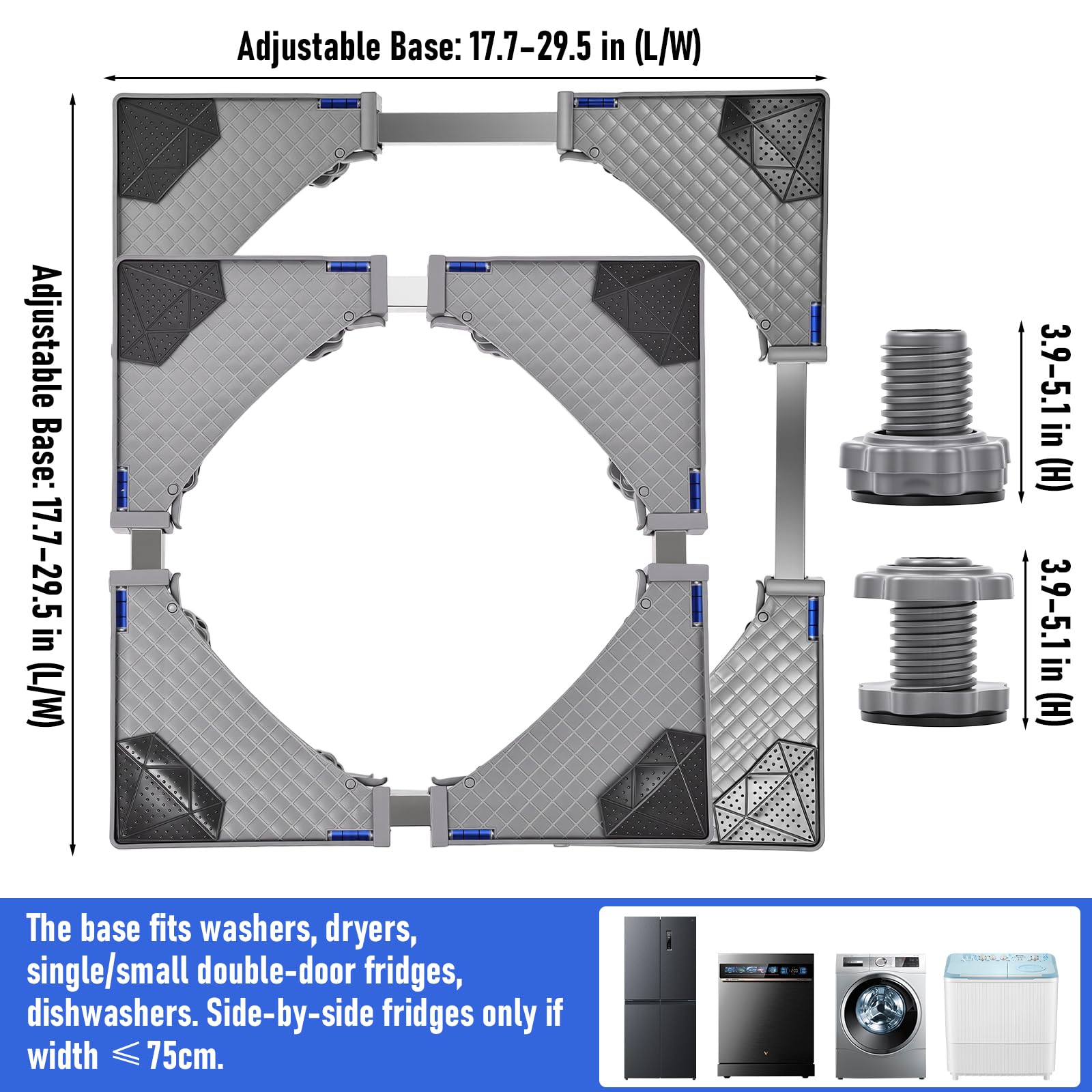 Base Lavadora, (45-75 cm) con 4 Ruedas y 8 Patas 300 kg Soporte Lavadora Secadora Ajustable Antideslizante Amortiguadores, Elevador Universal para Frigorífico y Lavavajillas