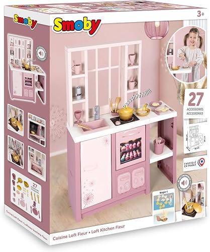 Smoby Loft Fleur Play Kitchen - Children's Kitchen in Modern Loft Style with Hob, Oven, Fridge & 27 Accessories, for Children from 3 Years - 5