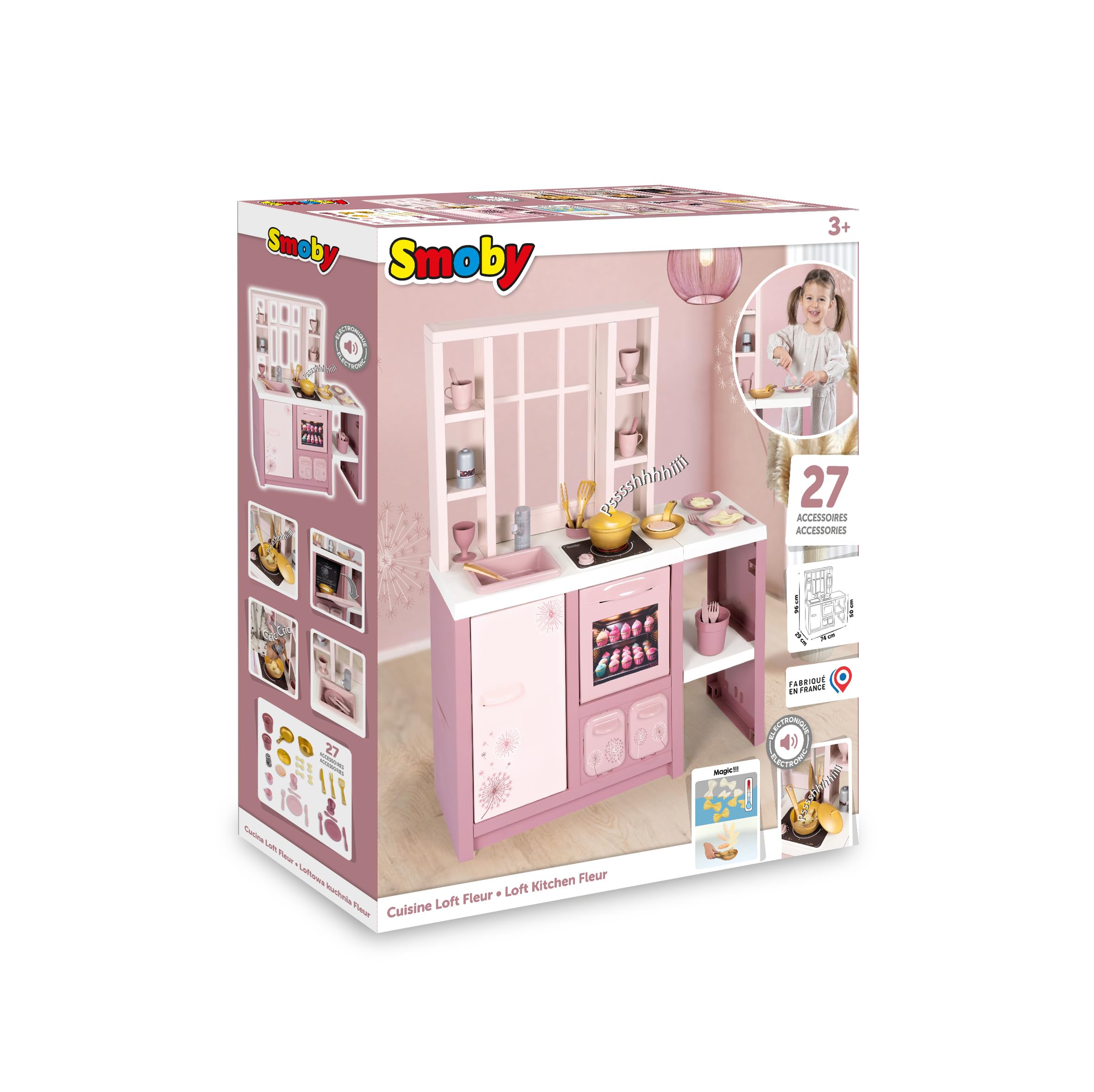 Smoby Loft Fleur kuchnia do zabawy – kuchnia dziecięca w nowoczesnym stylu loftu z płytą kuchenną, piekarnikiem, lodówką i 27 akcesoriami, dla dzieci od 3 lat