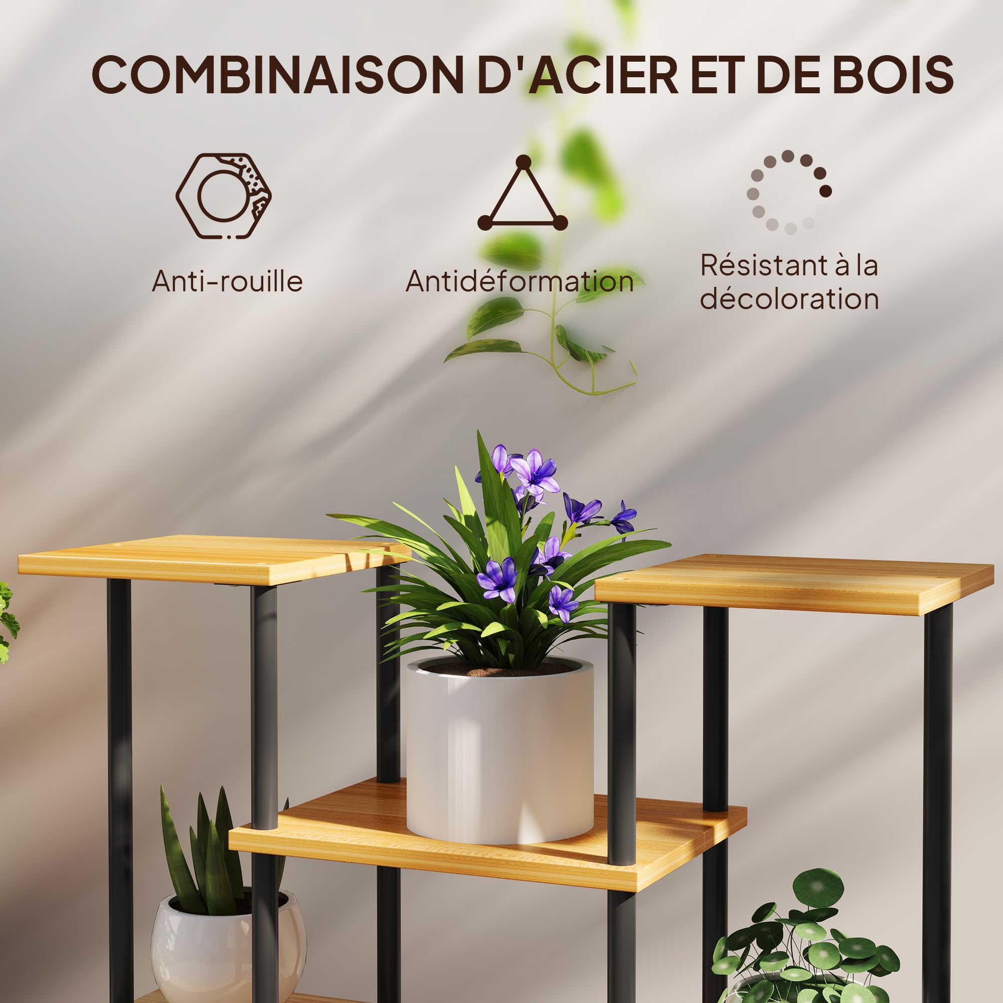 Outsunny Support plantes intérieur, étagère plante à 6 niveaux, cadre en acier base en bois massif, porte plante pour salon, balcon, jardin, bois naturel