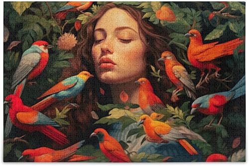 Bird Pretty Girl Jigsaw Puzzles 500 Pieces for Adults,Learning Educational Puzzles,Difficult and Challenge Families Toys with Mesh Storage Bag