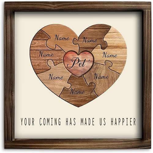 Miniatura 7 de Kas Home Letrero de madera personalizado con nombre de corazón, rompecabezas de nombre de familia personalizado con 1-8 nombres grabados, texto de