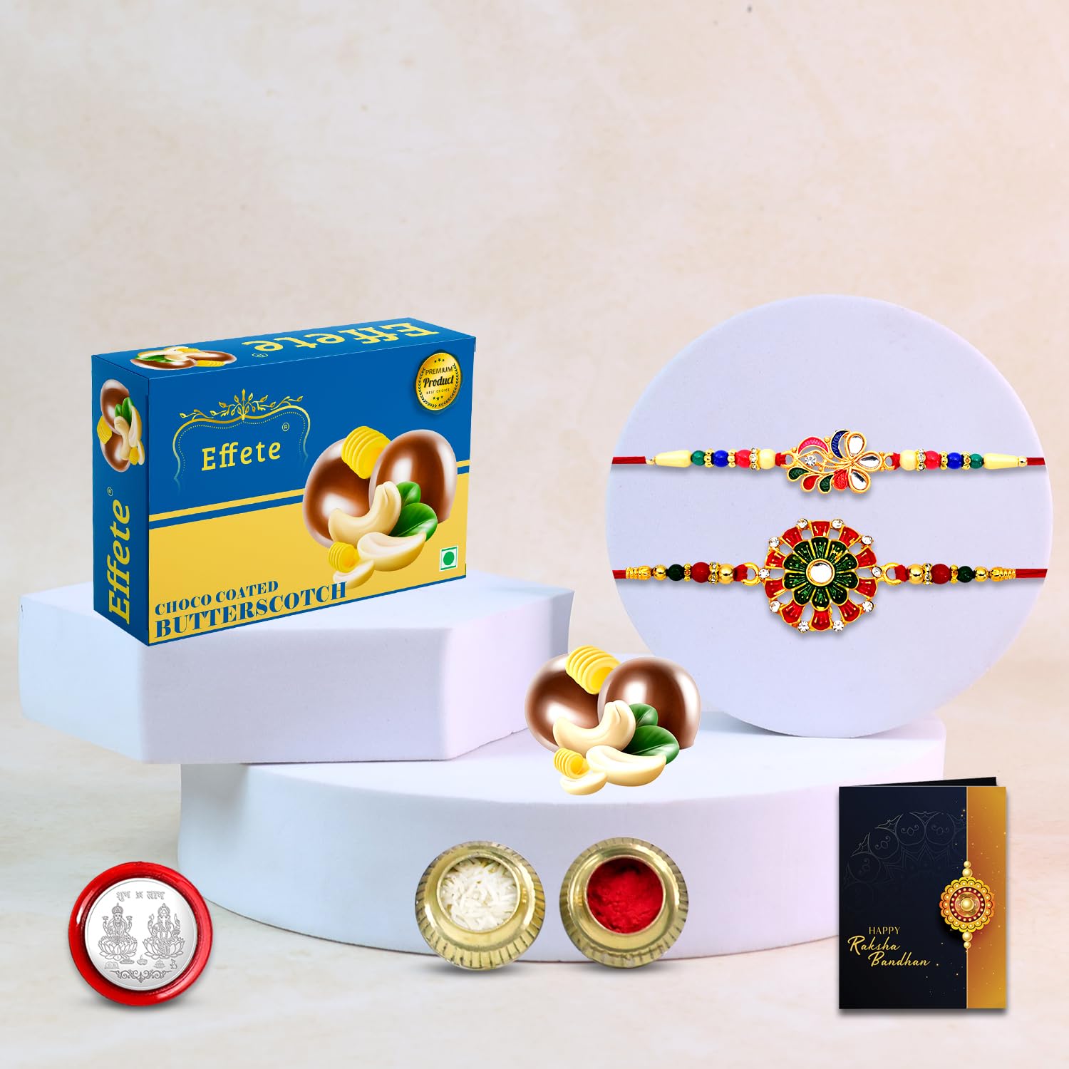 DeoDap Chocolate with Rakhi Set for Brother - Multicolor & Multi Design Rakhi Set of 2 with Choco Coated Butterscotch (32 GM), Silver Colour Pooja Coin & Greeting Card, Raksha Bandhan Combo for Bhai-image-24