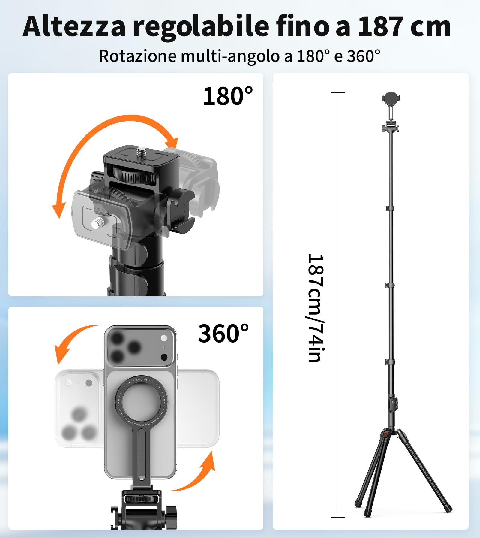 XXZU 187cm Magnetico Treppiede Smartphone, Leggero Treppiede Fotocamera con Telecomando e Supporto Magnetico, Treppiede in Alluminio Portatile da Viaggio per iPhone/Android/Fotocamera/Proiettore