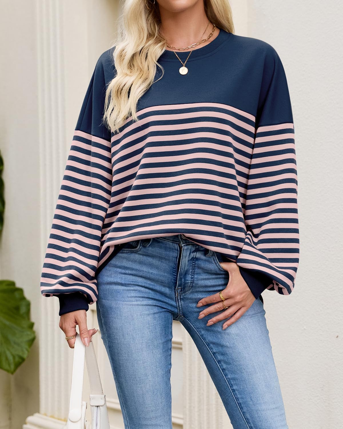 HEYTALALA Womens Oversized Striped Sweatshirts Y2K Long Sleeve Crewneck Sweater Color Block Drop Shoulder Loose Pullover Tops - Image 7
