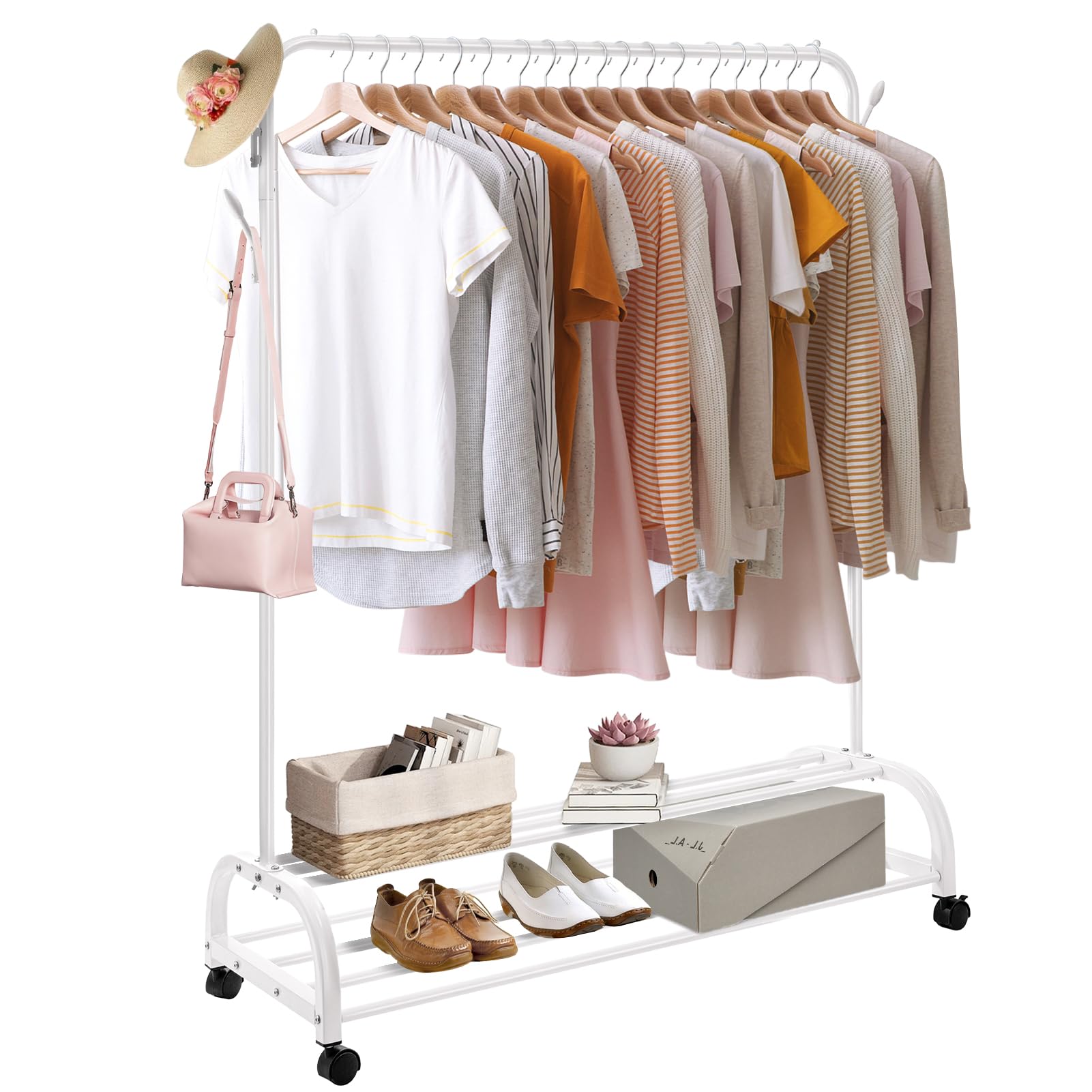 YORKING Clothes Rail, Heavy Duty Clothes Rail for Bedroom, Garment Hanging  Rail with Wheels, 2-Tier Bottom Shelf Freestanding White Clothes Shoe