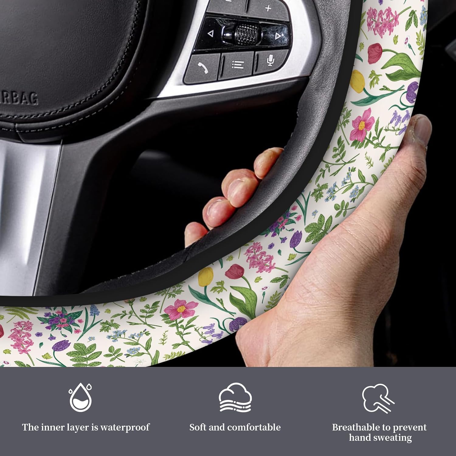 Car Steering Wheel Cover, Universal 15 Inch Non-Slip Breathable Neoprene Elastic Steering Wheel Protector, Cute Car Accessories for Women Men Fit Auto, Suvs Beautiful Spring Flowers - Image 2