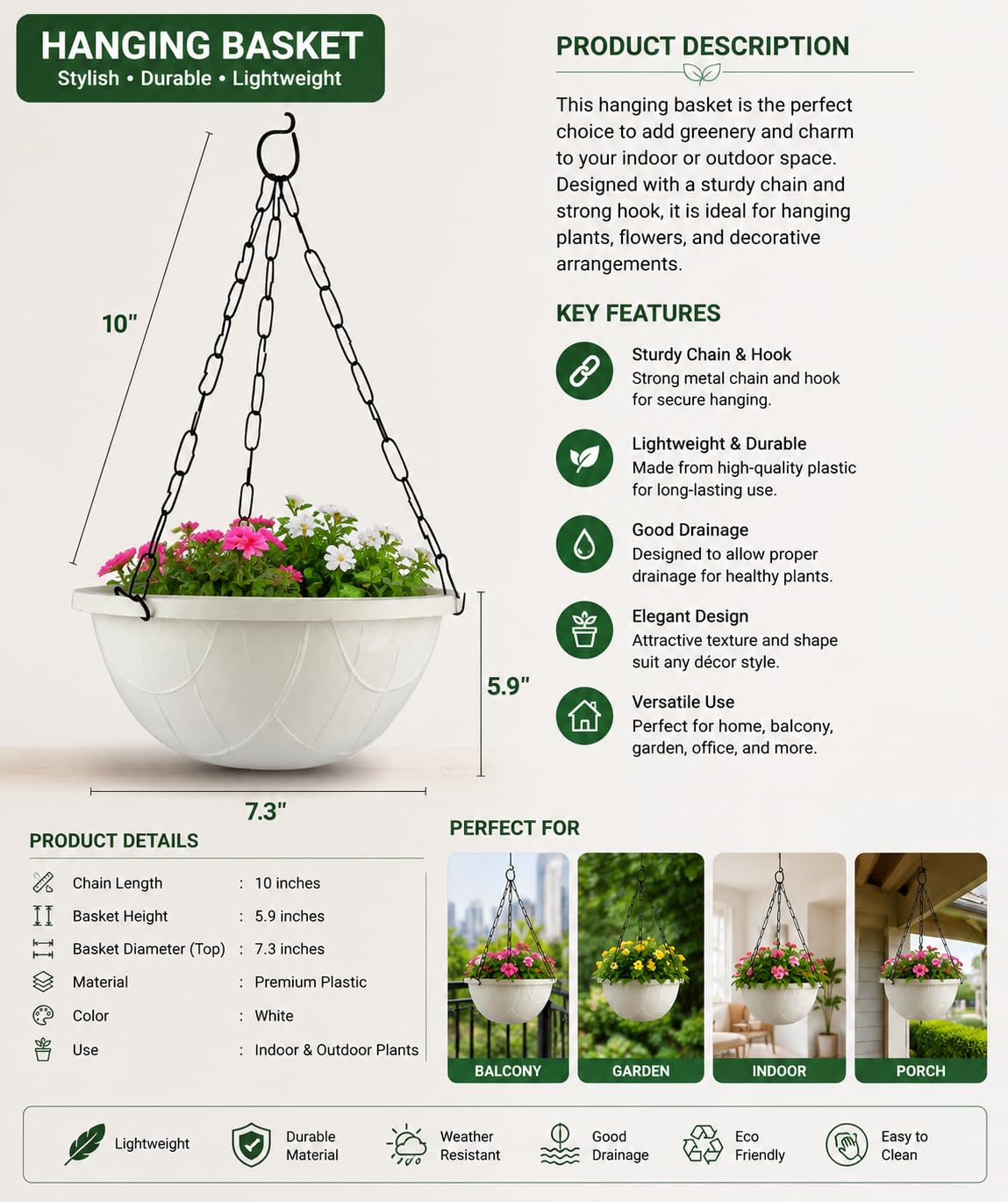 Tim Tim Agro White Hanging Planter Basket - 10 Inch Indoor Outdoor Flower Pots, Plant Containers with Drainage Hole, Plant Pot for Hanging Plants, Pack 2
