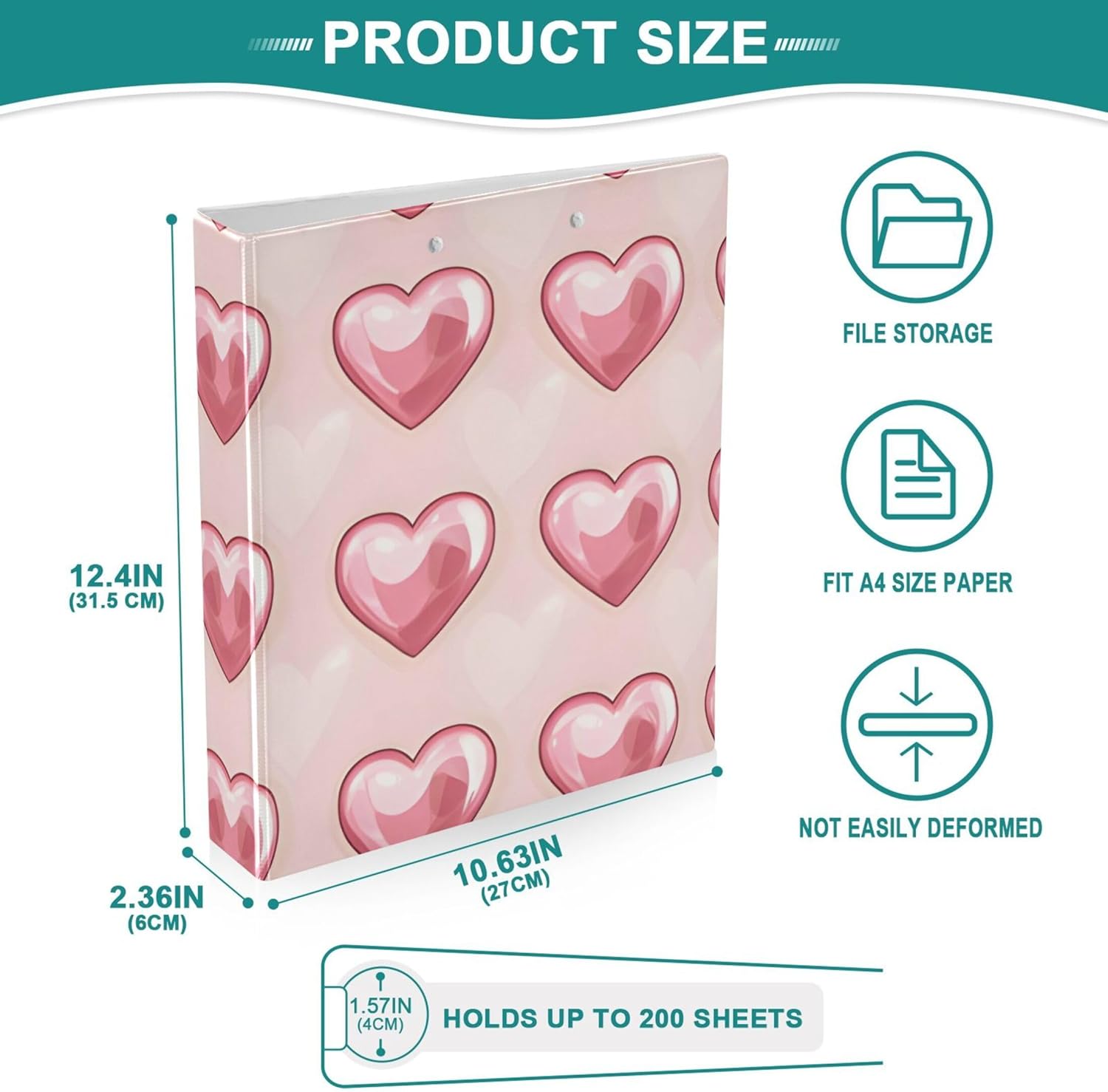 Valentine's Day Hearts 3 Ring Binders, 1.5” Round Ring Binders with Clipboard - Letter Size, 3 Interior PVC Clear Pockets & Anti-Slip Clip for Office School Supplies, 2PCS