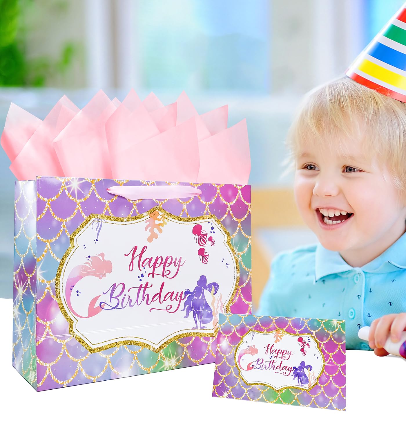 MUNILAIL 13 Inches Large Mermaid Birthday Gift Bag for Girls With Handle, Tissue Paper and Greeting Card - Mermaid Theme Party