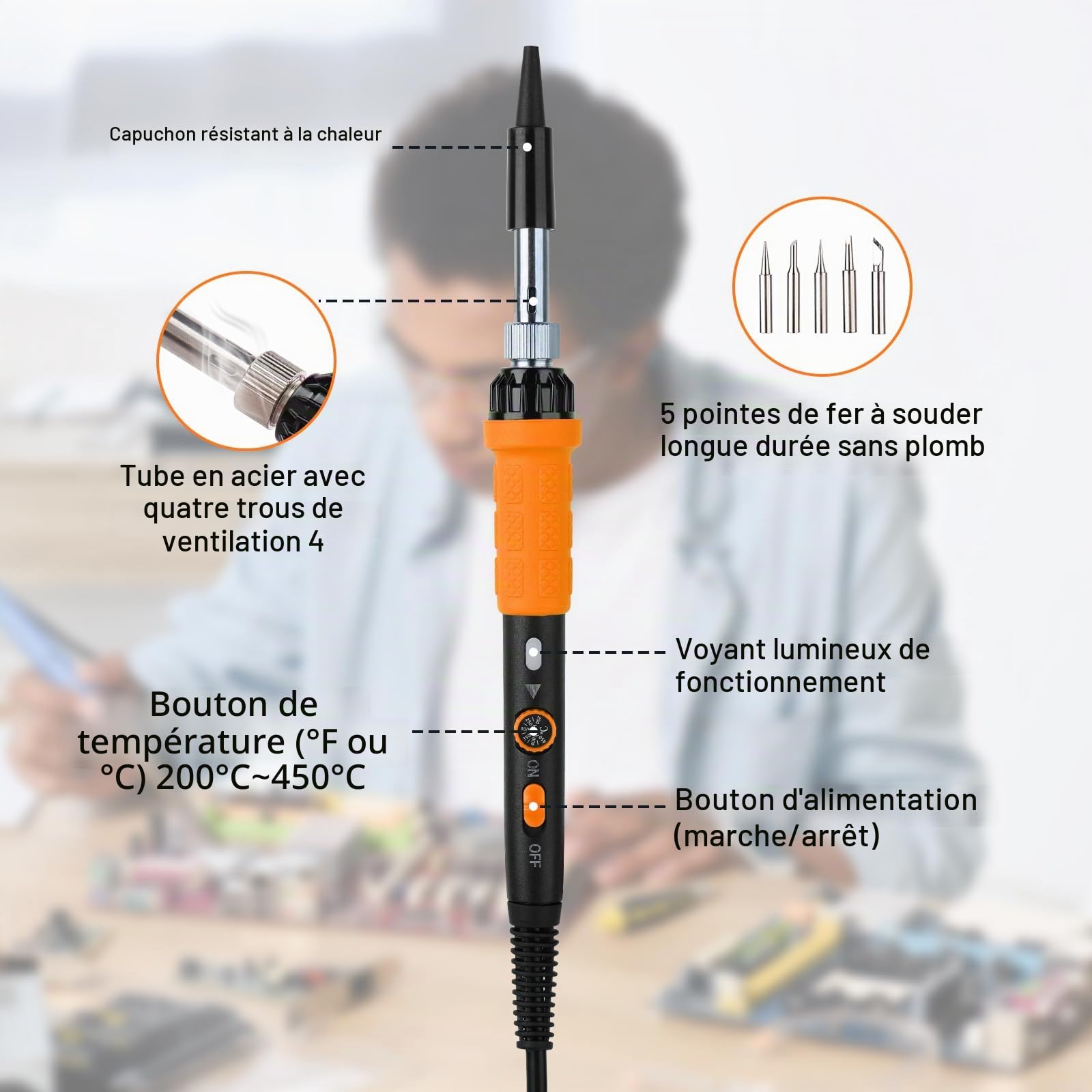 Kit de fer à souder avec multimètre numérique LCD, fer à souder 60 W avec 5 pointes de rechange, support, pompe à dessouder, étain, pince à dénuder, pincette, ruban adhésif, sac à outils