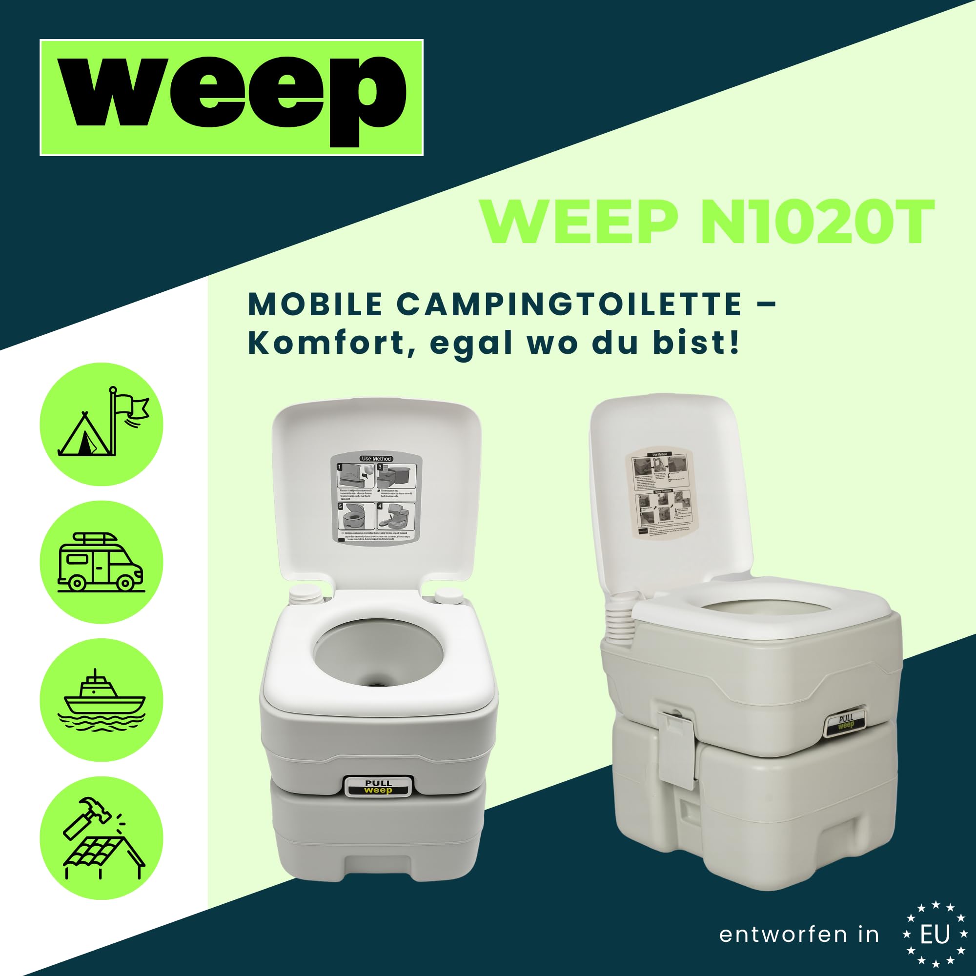 weep Campingtoilette 20L + 10L, Mobile Toilette, Tragbare Trenntoilette mit Kolbenpumpe - Trockentrenntoilette für Unterwegs Camping Garten, Leicht zu transportieren
