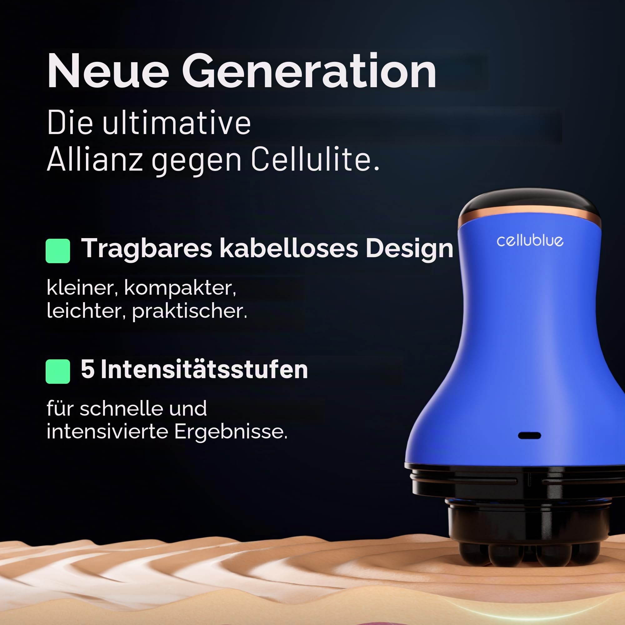 Cellublue Intelligentes Schlankheitsgerät, kabellos, das Original – leistungsstarke, elektrische Schlankheitsmassage, 2900 U/min, Doppel-Massagekopf – Touchscreen, wiederaufladbar mit USB-C – tragbar