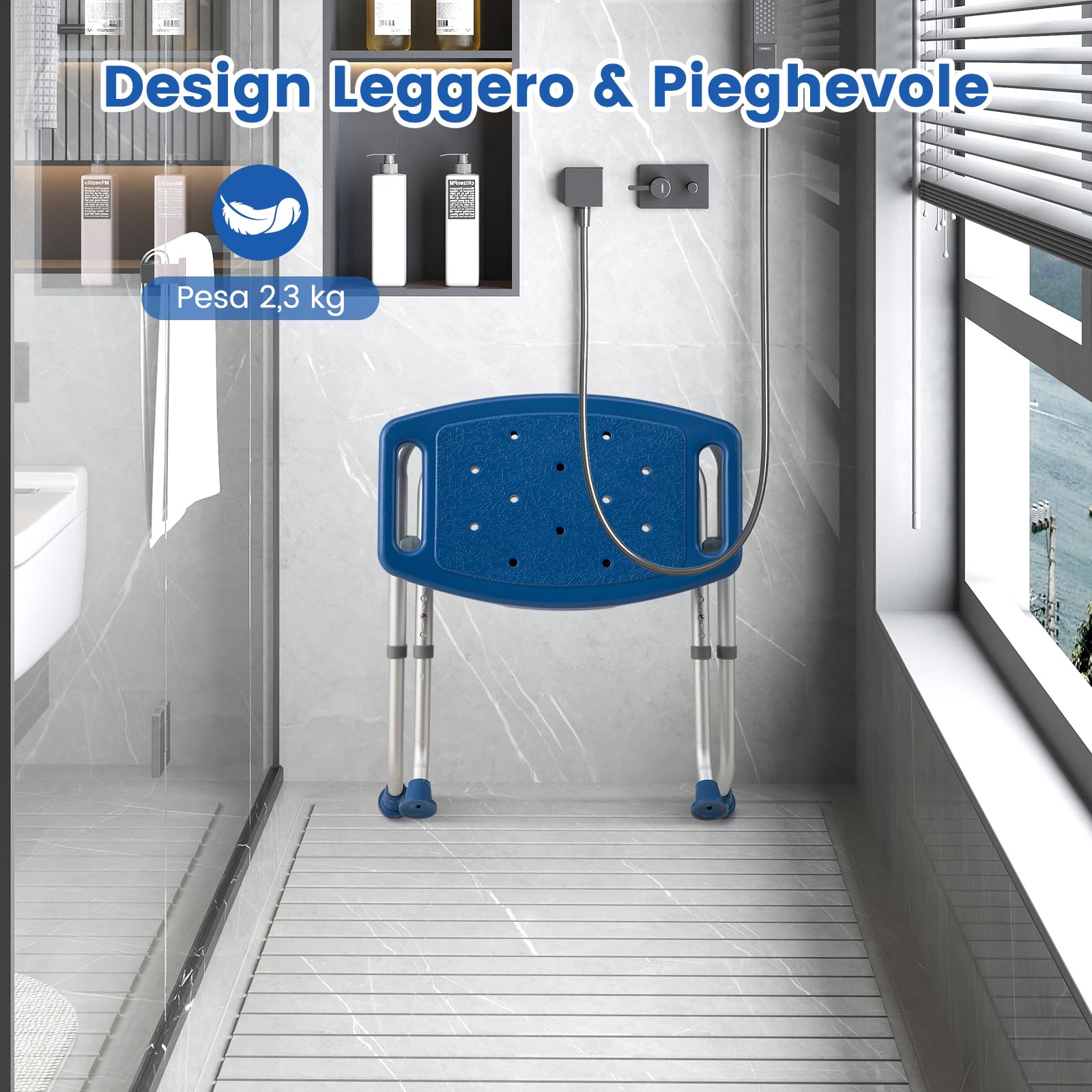RELAX4LIFE Sgabello da Doccia Pieghevole, Sedia per Doccia in Alluminio, Altezza Regolabile 49-52,5 cm, Piedini Antiscivolo in Gomma, Sedile da Bagno per Anziani e Disabili o Riabilitazione (Blu)