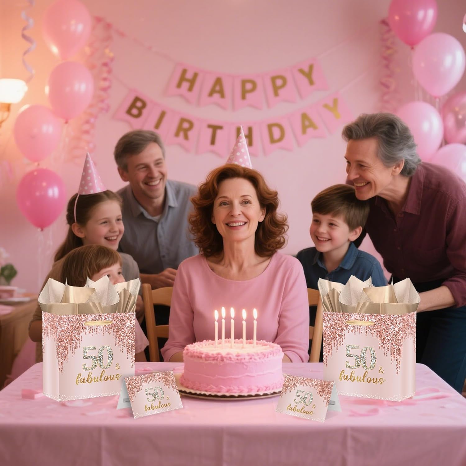 SolarGlory Rose Gold 50th Birthday Gift Bag Large 50 & Fabulous Gift Bag with Card and Tissue Papers for Women 50 years old Birthday Wrapping Paper for Fifty years old Bday Party Decorations - Image 7