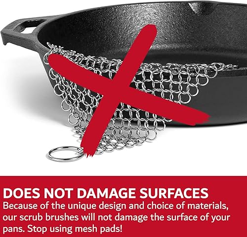 Miniatura 7 de Chef Master 90058 - Cepillo para fregar platos de hierro fundido con raspador resistente y cerdas de nailon superiores para limpiar sartenes y
