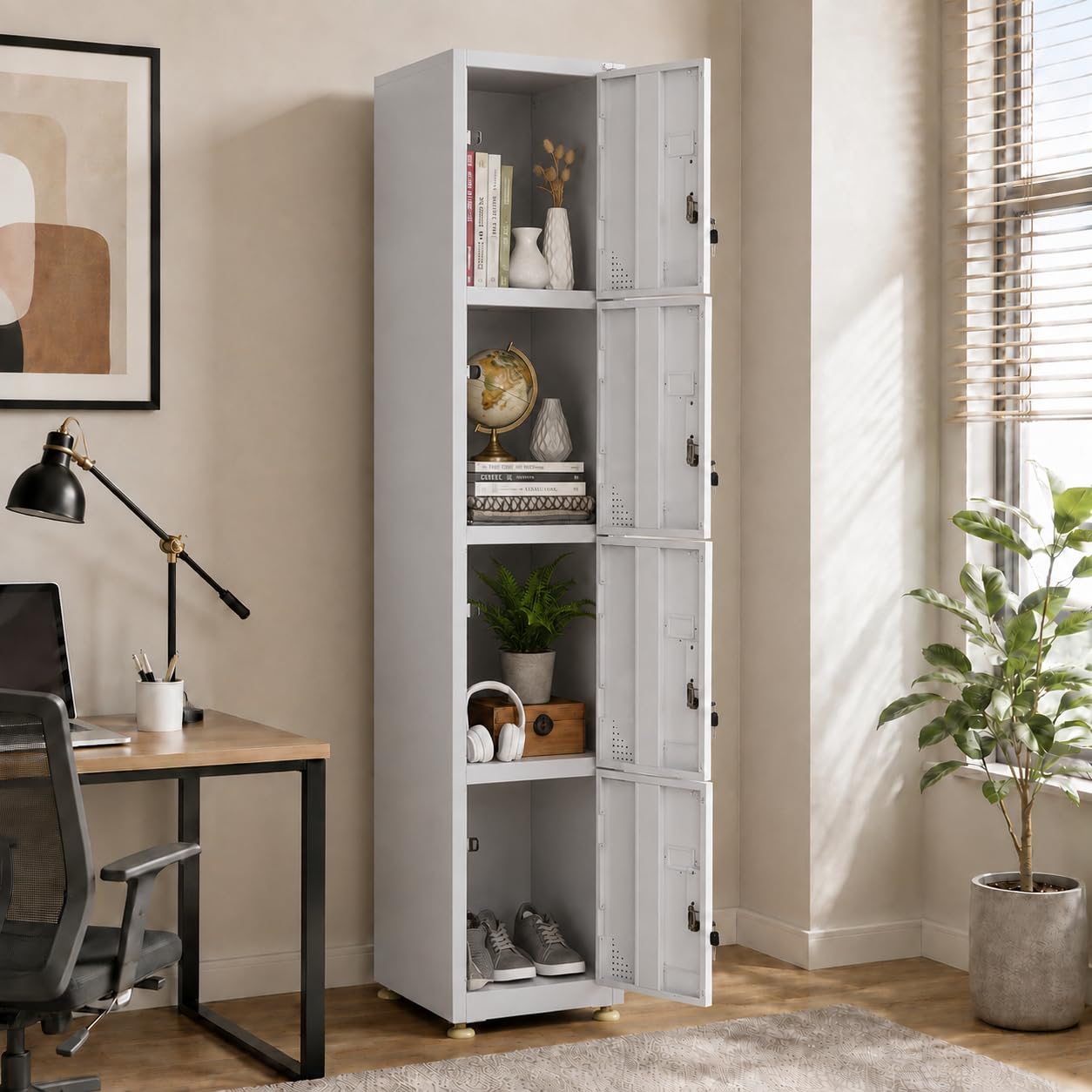 Amazon Brand - Solimo 4 Door Steel Locker | Secure Metal Storage for Equipment, Uniforms, Documents & Personal Items | Multi-Purpose Vertical Cabinet for Gym, School, Office Powder Coated Light Grey-image-19