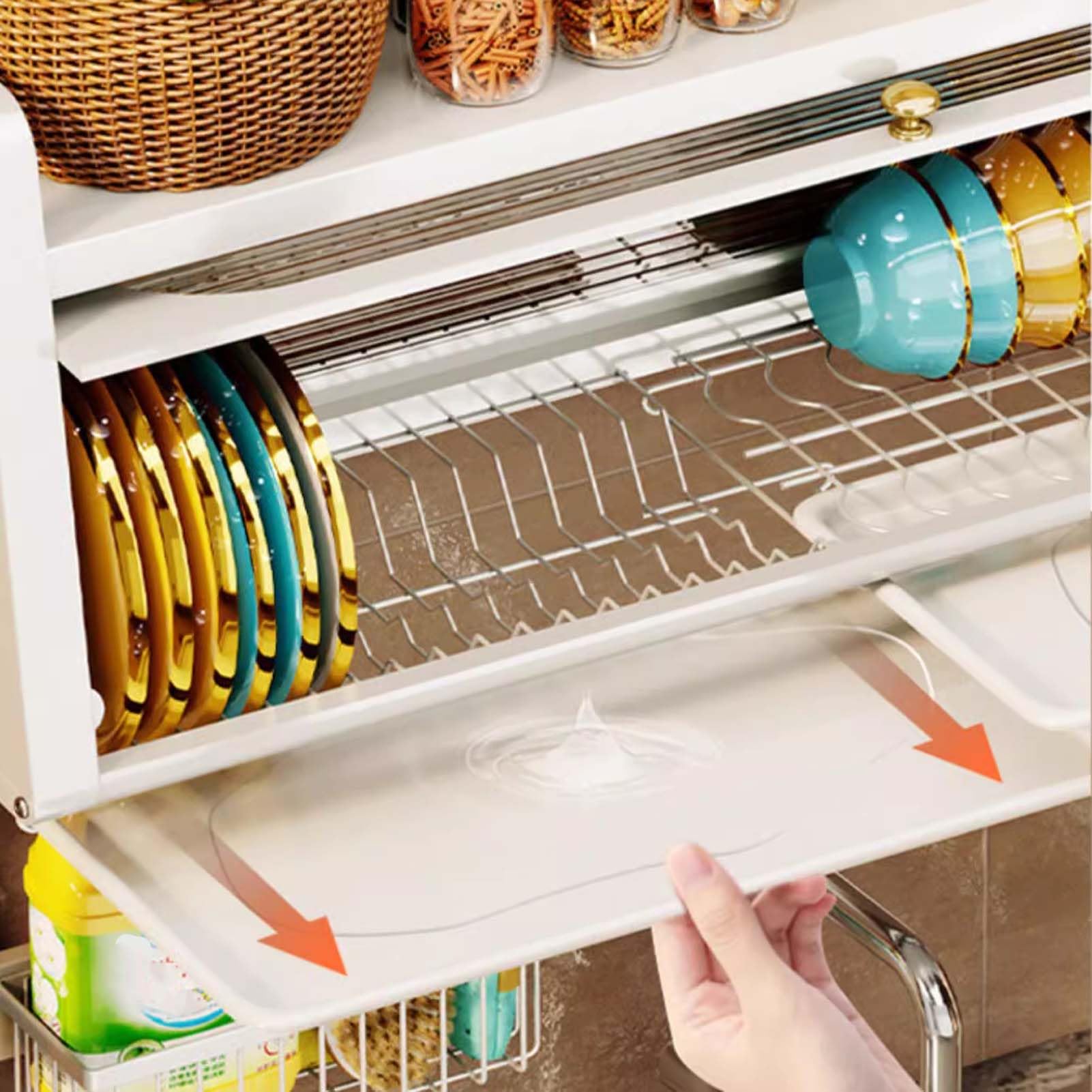 Suszarka do naczyń nad zlewem z regulowaną półką, uchwytem na przybory kuchenne, uchwytem na noże i haczykami, ociekaczem kuchennym do blatu