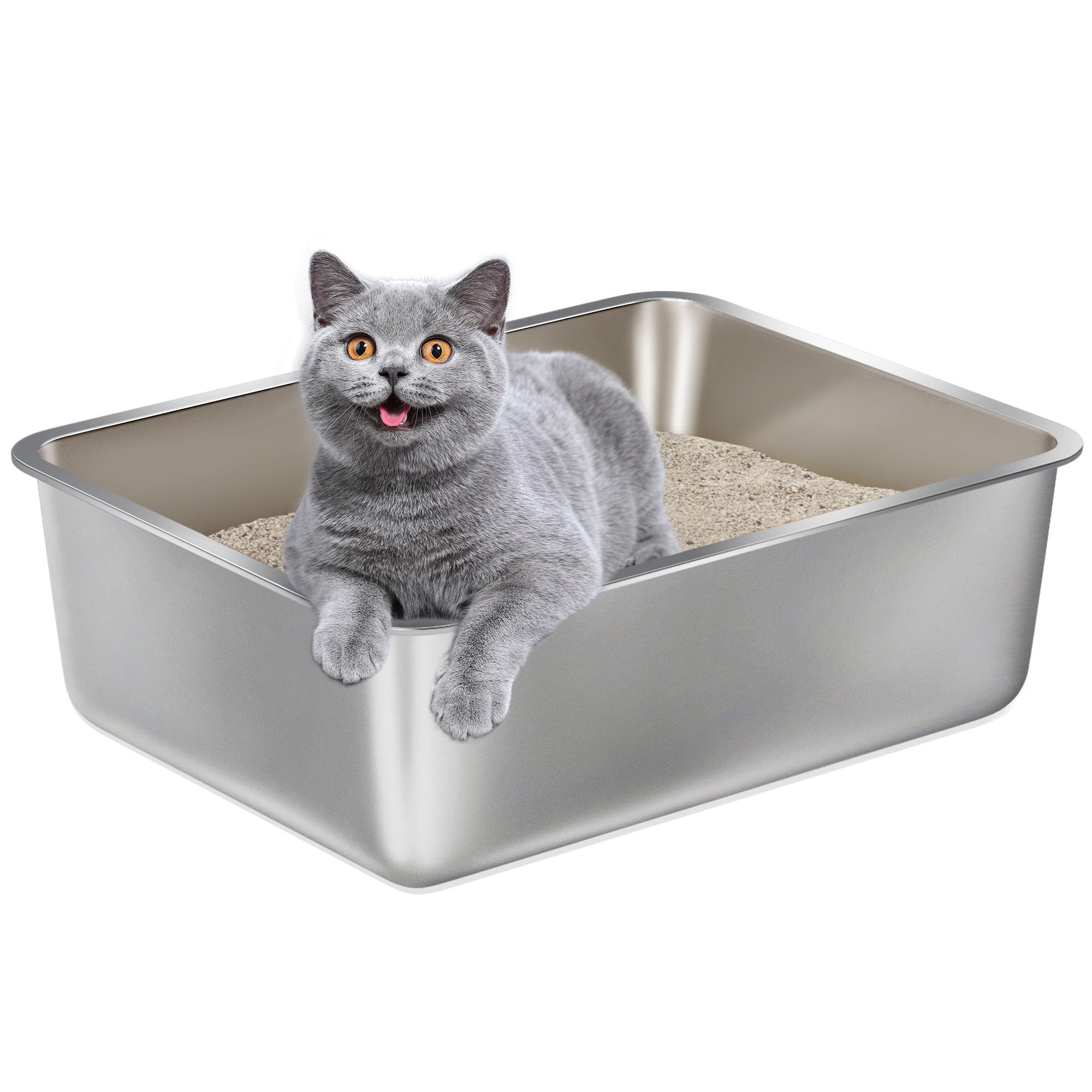 Stainless Steel Litter Box -6in High Side,Metal Litter Box for Cat/Kitty/Rabbits 17" L x 13.8" W x 6" H，Stainless Steel Cat LitterBox-Metal PanToilet,No Smell, Non Stick, Easy Clean