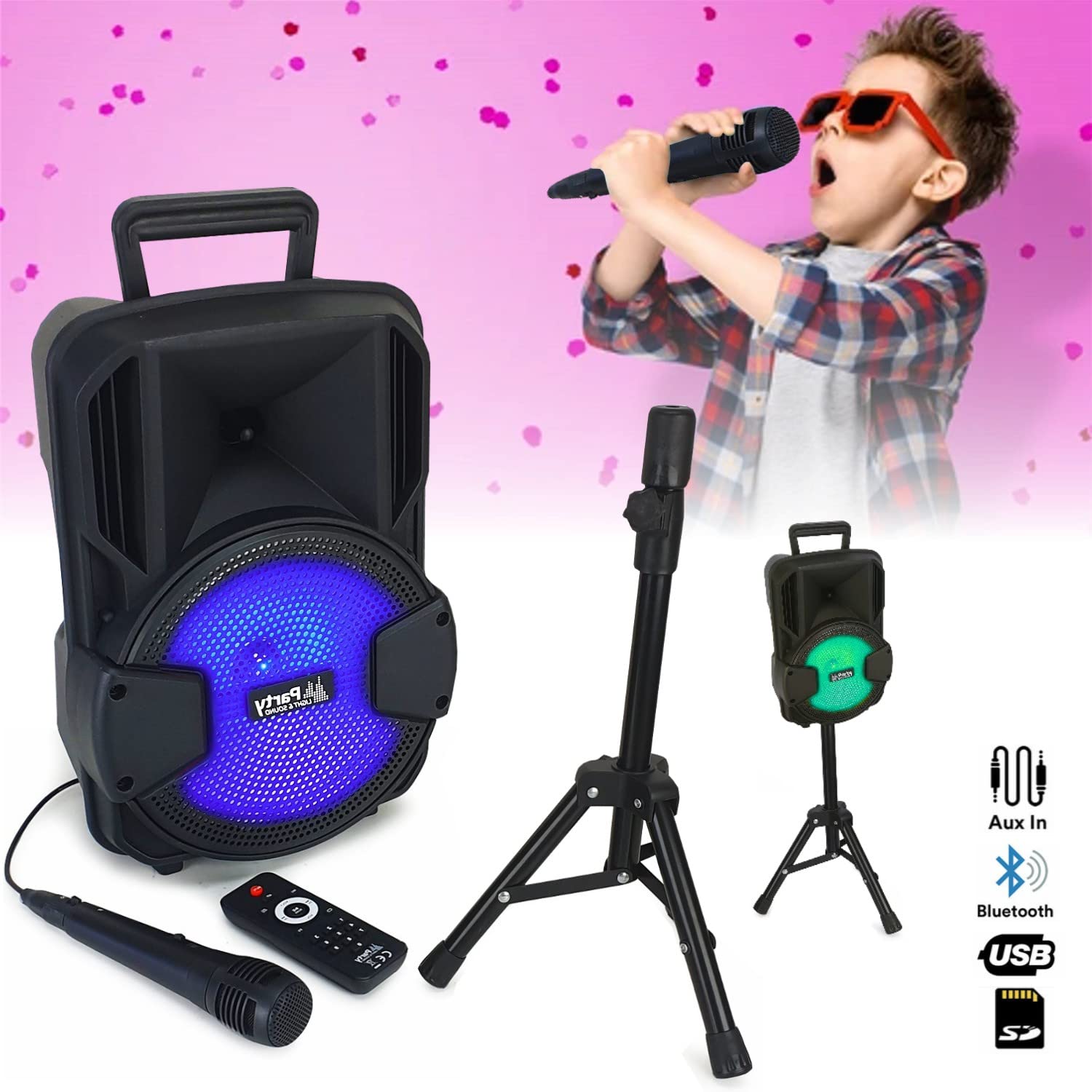 Party Light & Sound - Pack Karaoké Enceinte USB SD Bluetooth + Pied + Micro + Batterie idéal Cadeau Noël, d’Anniversaire PA DJ Sono Mix LED Light