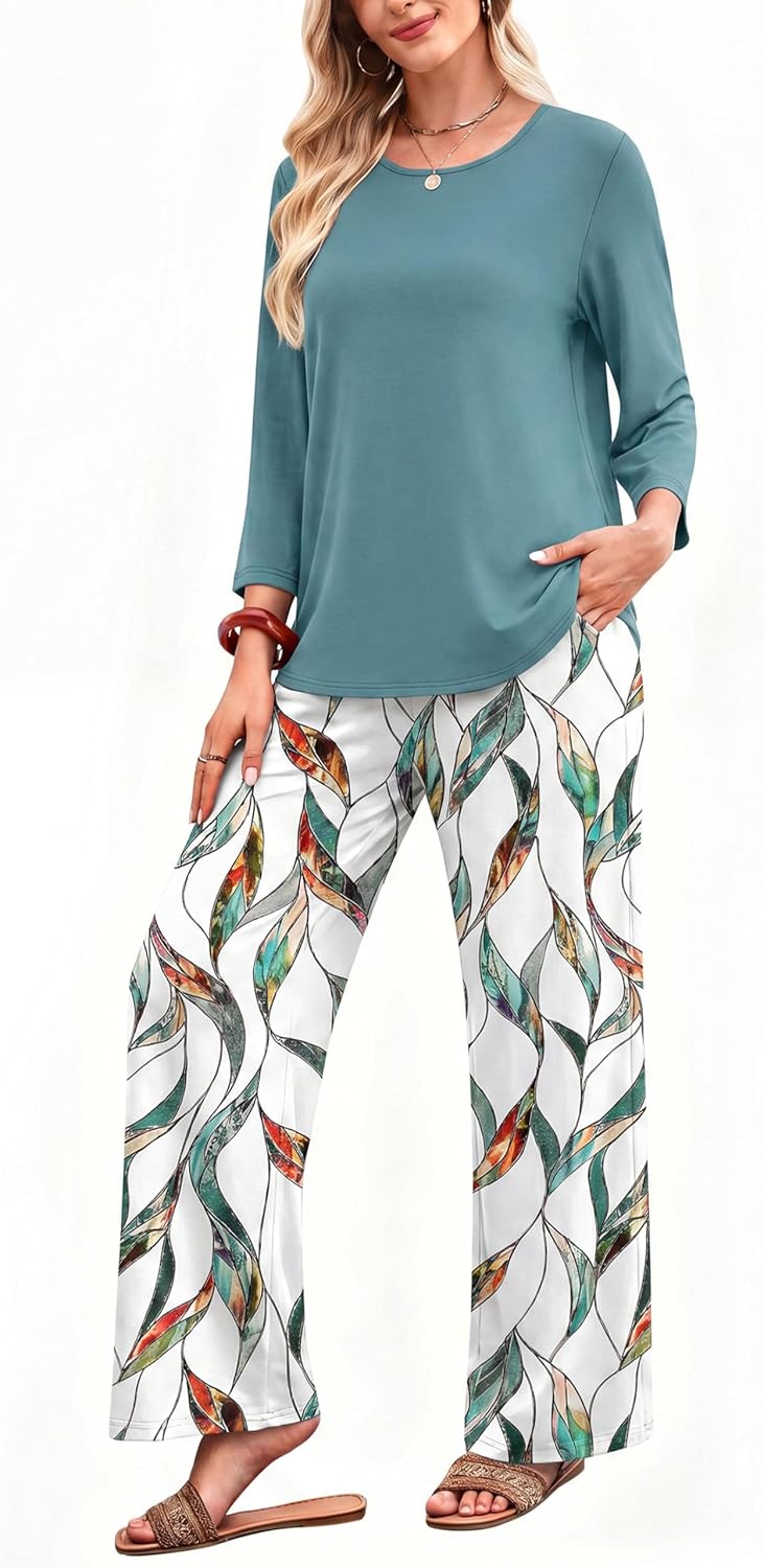 WIHOLL Two Piece Sets for Women Lounge 3/4 Length Sleeve Womens Tops Graphic Pants with Pockets Summer Outfits 2026 image 4