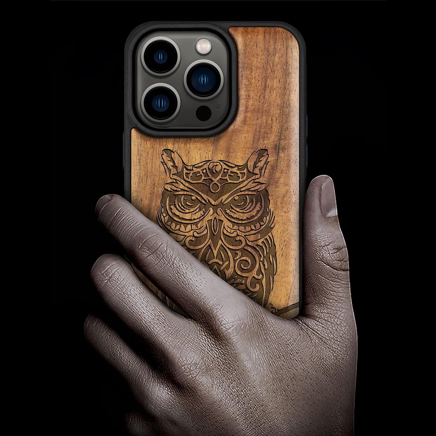 Carveit Magnetic Wooden Case for iPhone 15 Pro Case, Compatible with MagSafe Wireless Chargers, Black Soft TPU Shockproof Cover & Wood Artisan Engraved (Perched Owl) - Walnut