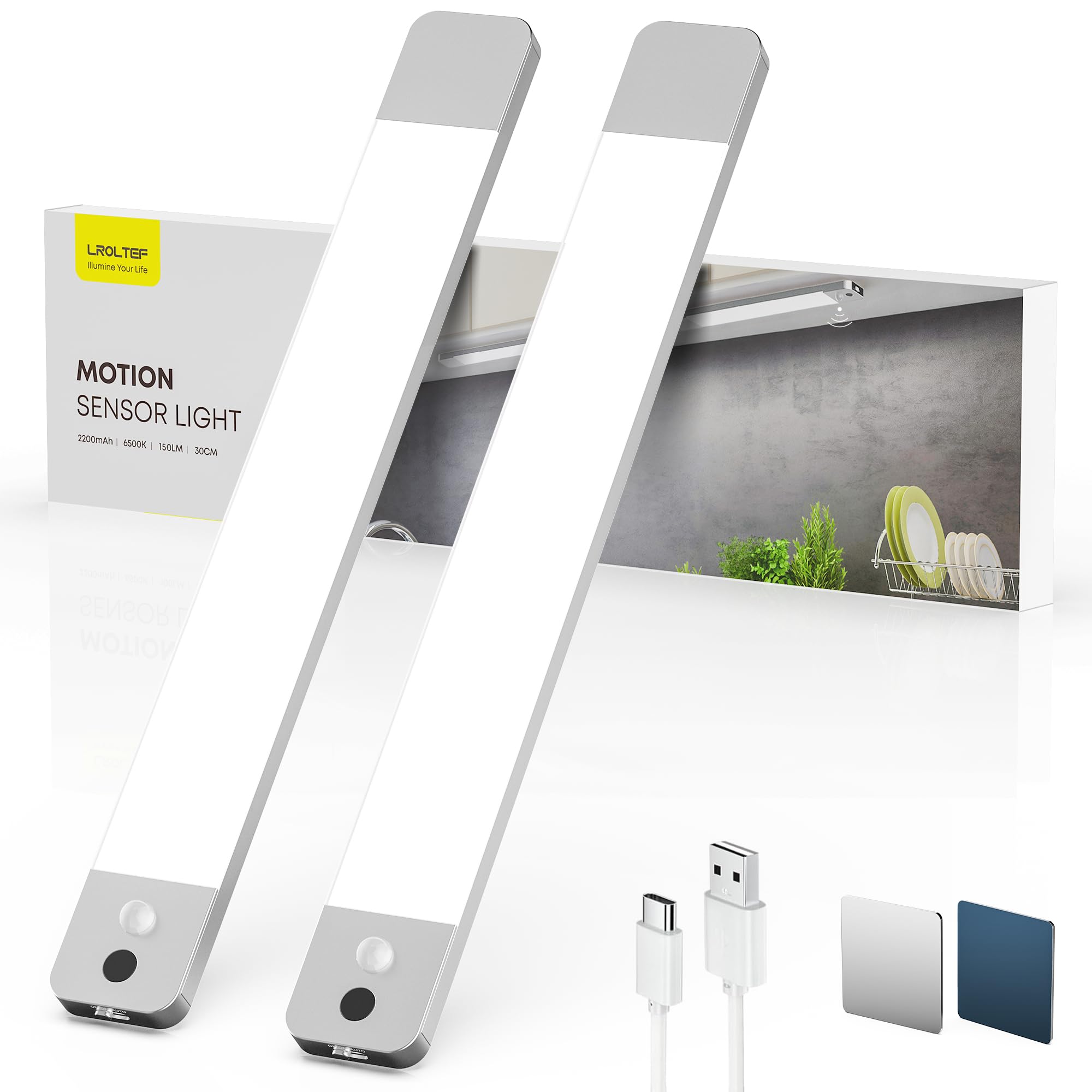 LROLTEF Schrankbeleuchtung Led Lampe mit Handwelle & Bewegungsmelder - 30cm 2200mAh Schranklicht Unterbauleuchte Küche Licht Dimmbar - Vitrinenbeleuchtung Treppenlicht Leiste Magnetische | 2 Stück