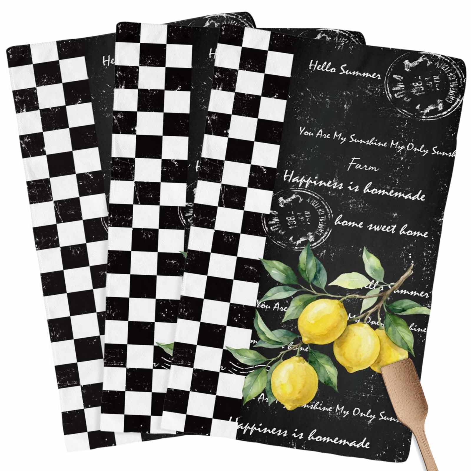 Lemon Kitchen Towels 2 Pack Black White Buffalo Plaid Hand Towels Tea Towels Absorbent Reusable Cleaning Cloth Summer Dish Towel for Kitchen, Bathroom 18x28 Inch